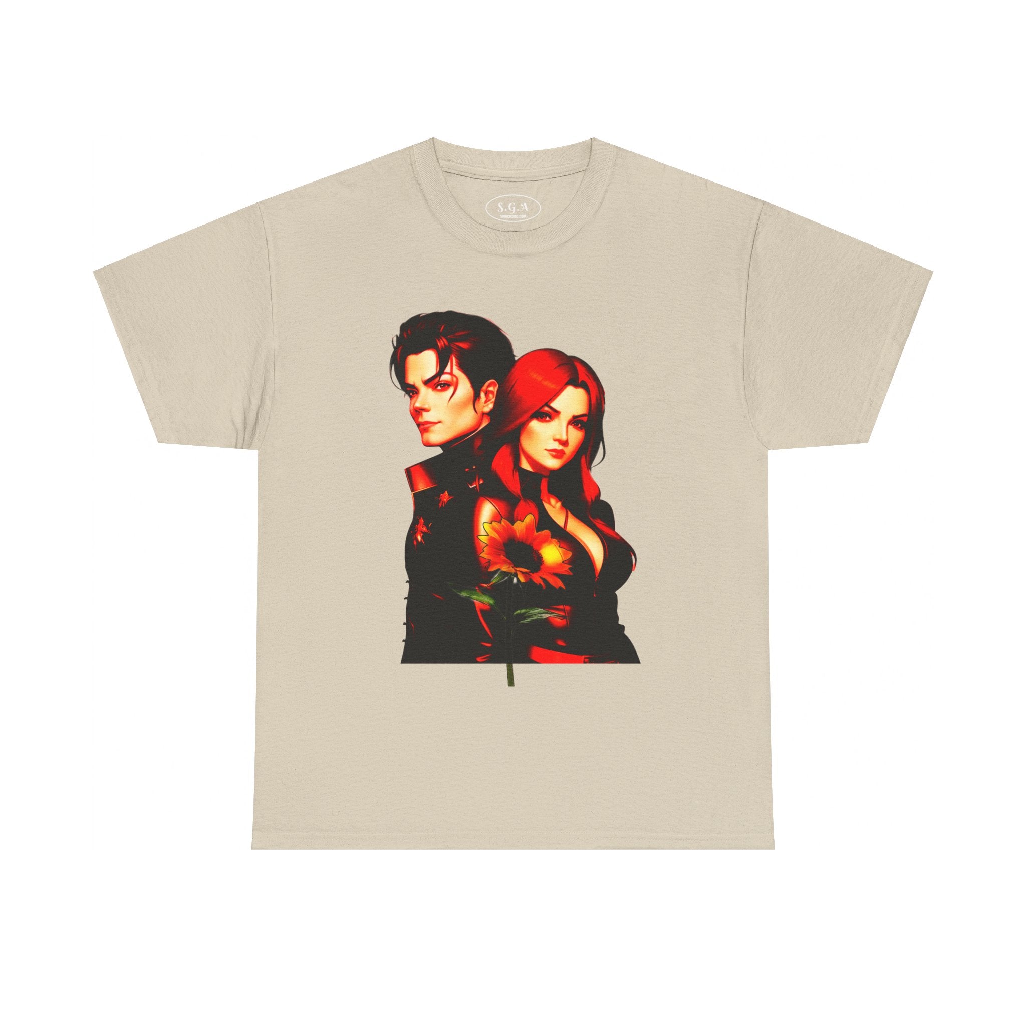 Michael Jackson & Lisa Marie Presley Inspired Graphic T-Shirt – Red Aesthetic Couple Tee with Sunflower | Streetwear Fashion Shirt | Smack God Apparel