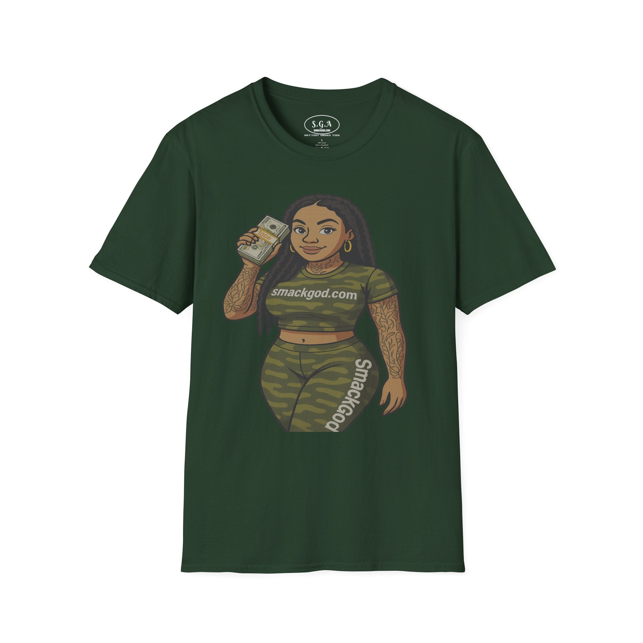 Camo Cartoon Girl Graphic T-Shirt – Urban Streetwear Tee | Money Hustle Aesthetic Shirt | Smack God Apparel