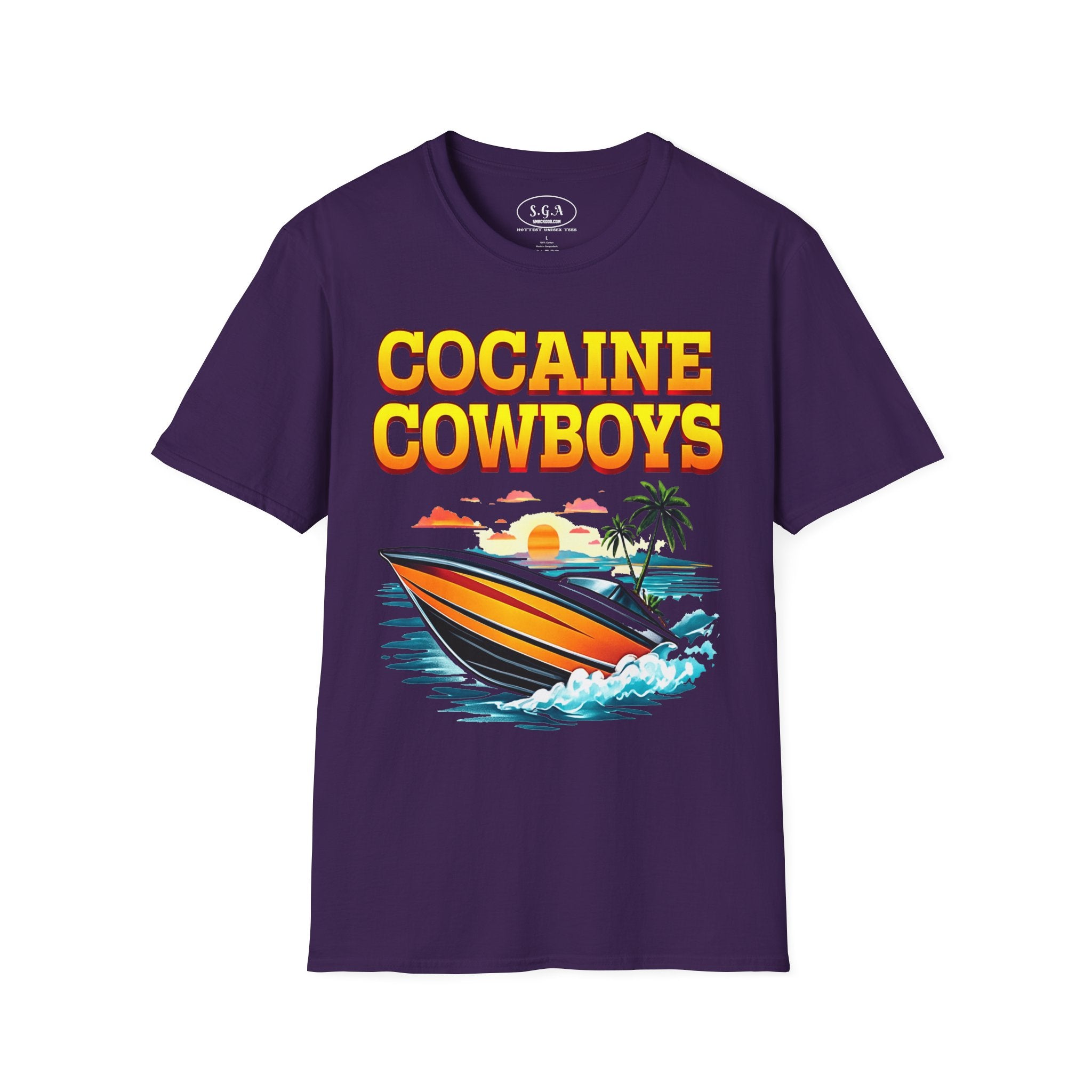 Cocaine Cowboys Boat Graphic T-Shirt – Miami Vice Style Speedboat Tee | Retro Ocean Streetwear Shirt | Smack God Apparel