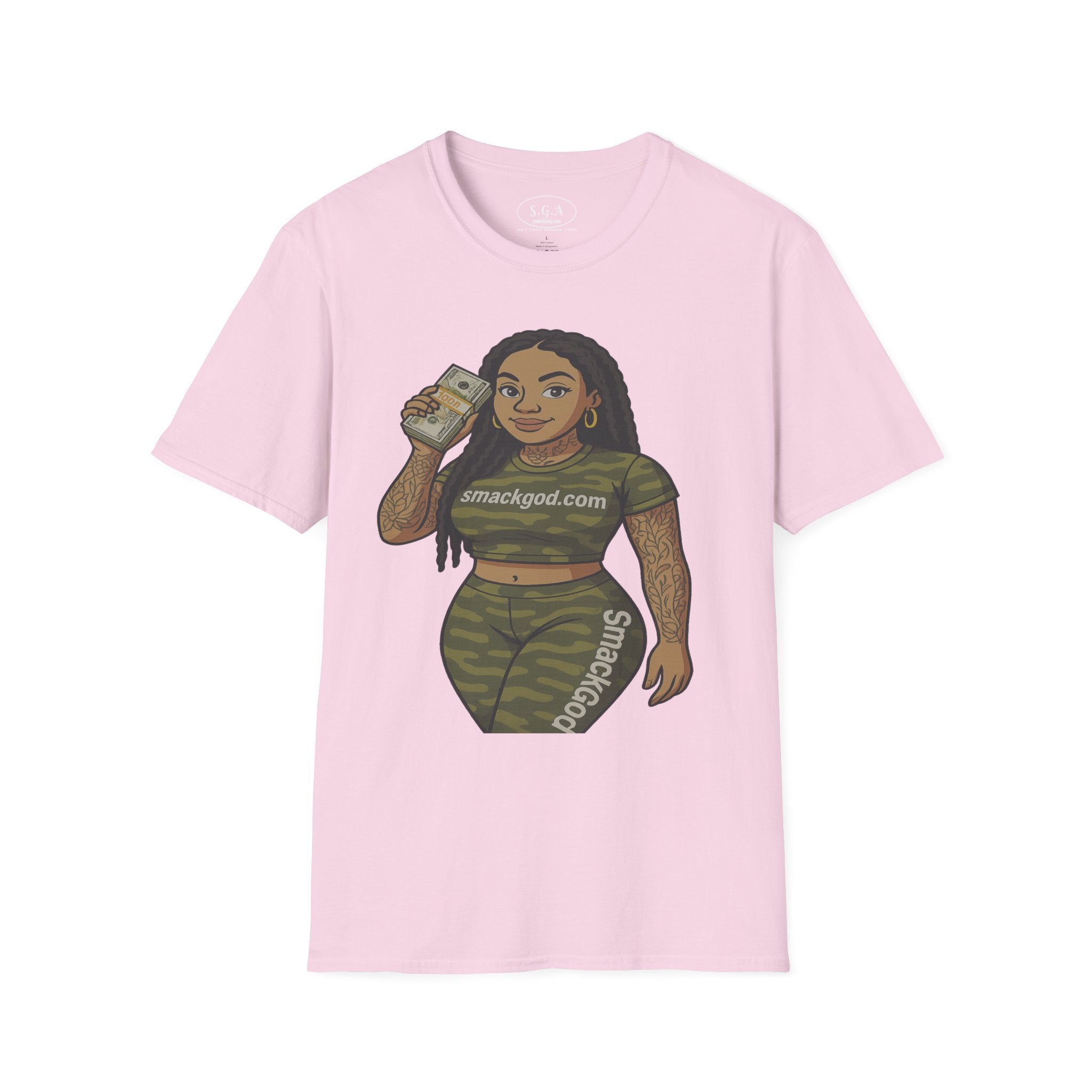 Camo Cartoon Girl Graphic T-Shirt – Urban Streetwear Tee | Money Hustle Aesthetic Shirt | Smack God Apparel