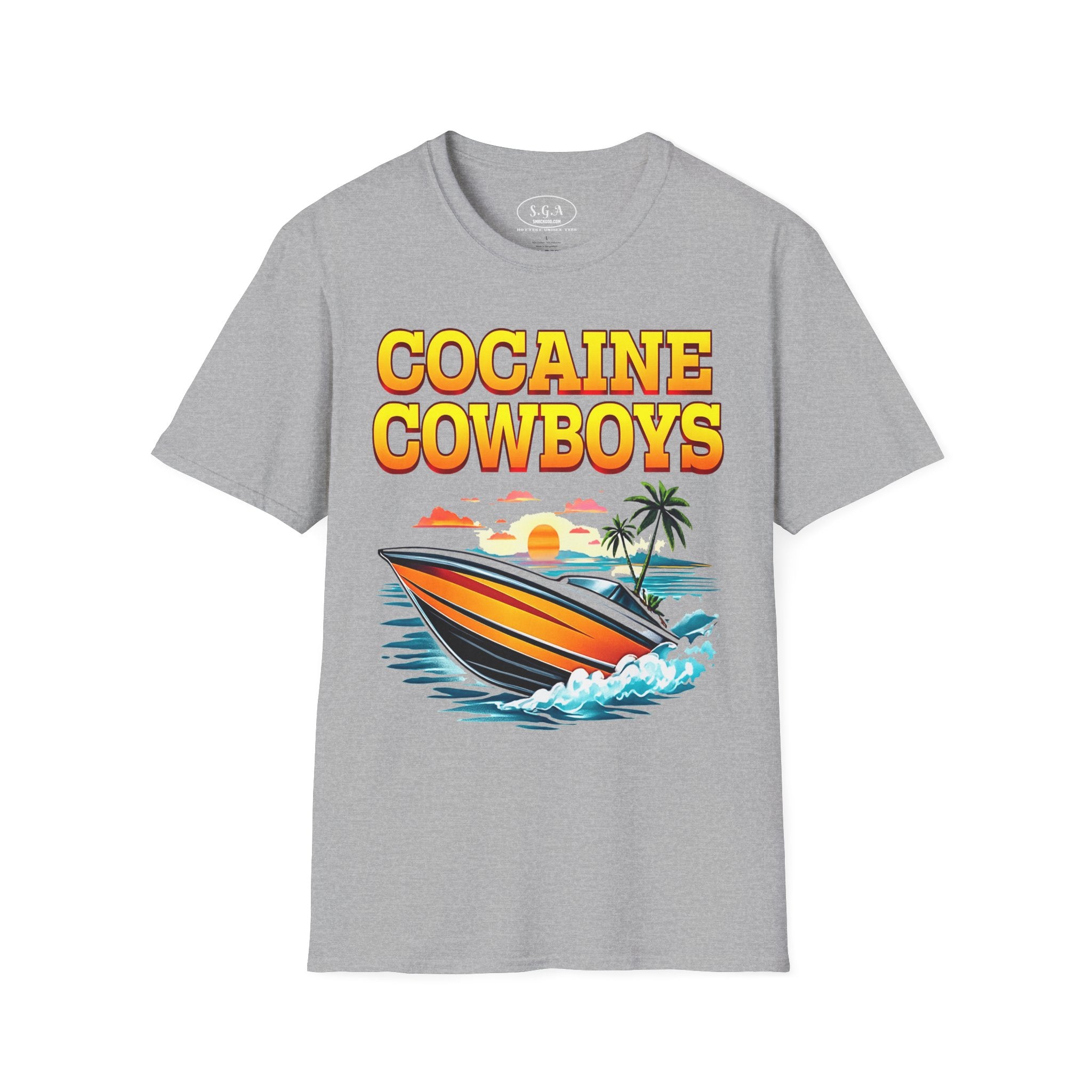 Cocaine Cowboys Boat Graphic T-Shirt – Miami Vice Style Speedboat Tee | Retro Ocean Streetwear Shirt | Smack God Apparel