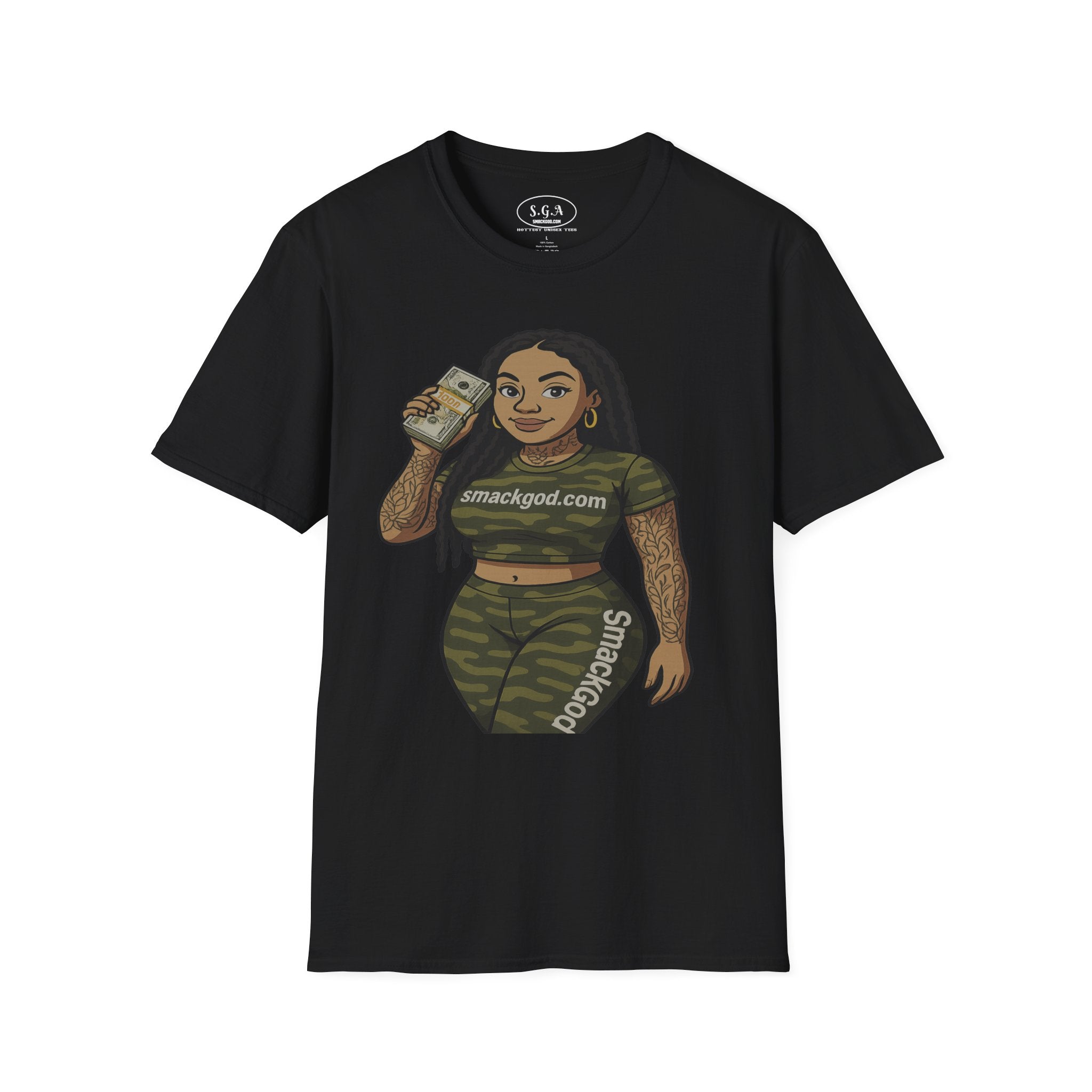 Camo Cartoon Girl Graphic T-Shirt – Urban Streetwear Tee | Money Hustle Aesthetic Shirt | Smack God Apparel
