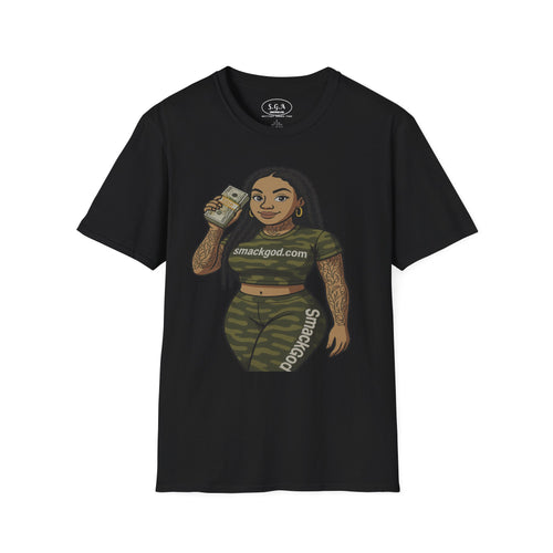 Camo Cartoon Girl Graphic T-Shirt – Urban Streetwear Tee | Money Hustle Aesthetic Shirt | Smack God Apparel