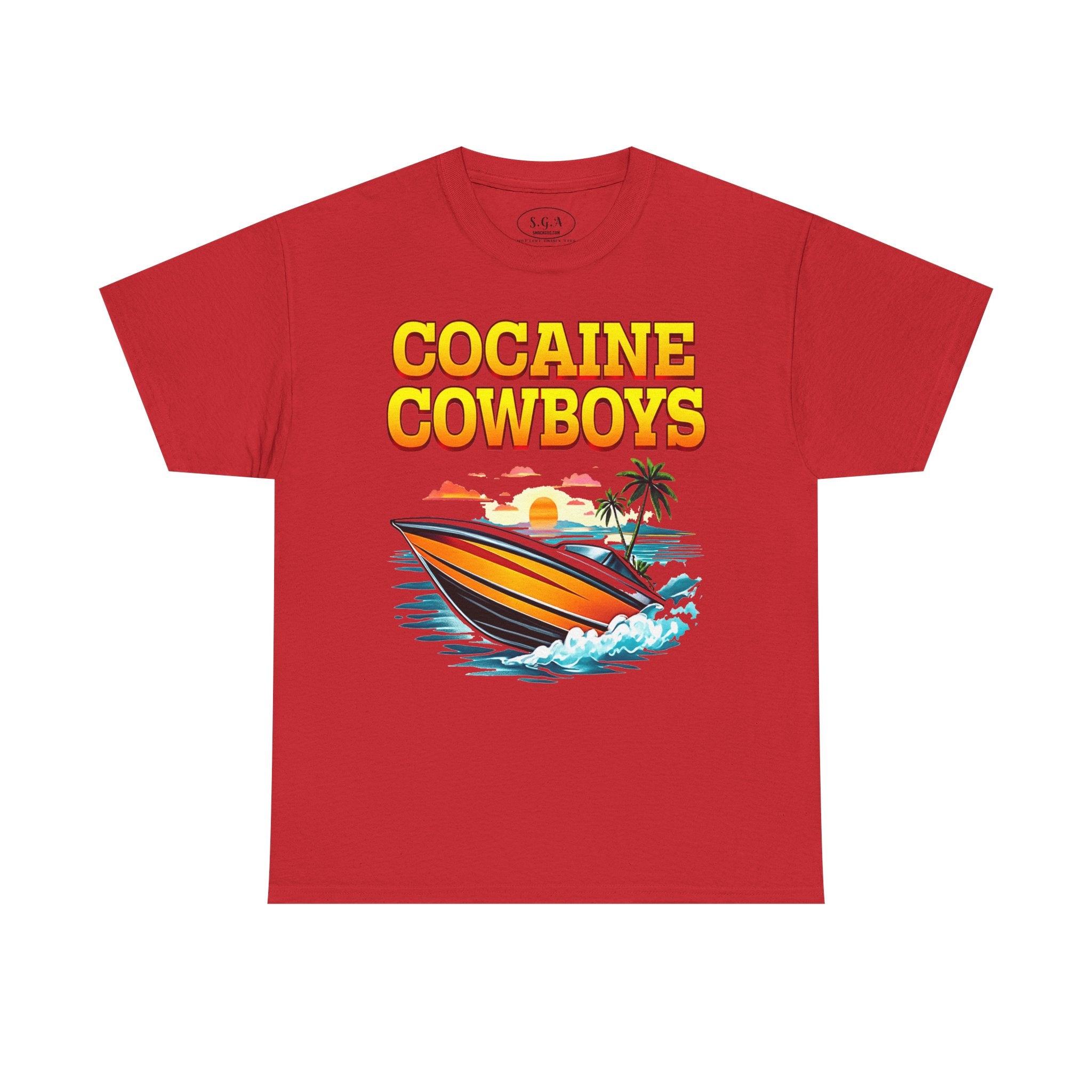 Cocaine Cowboys Boat Graphic T-Shirt – Miami Vice Style Speedboat Tee | Retro Ocean Streetwear Shirt | Smack God Apparel