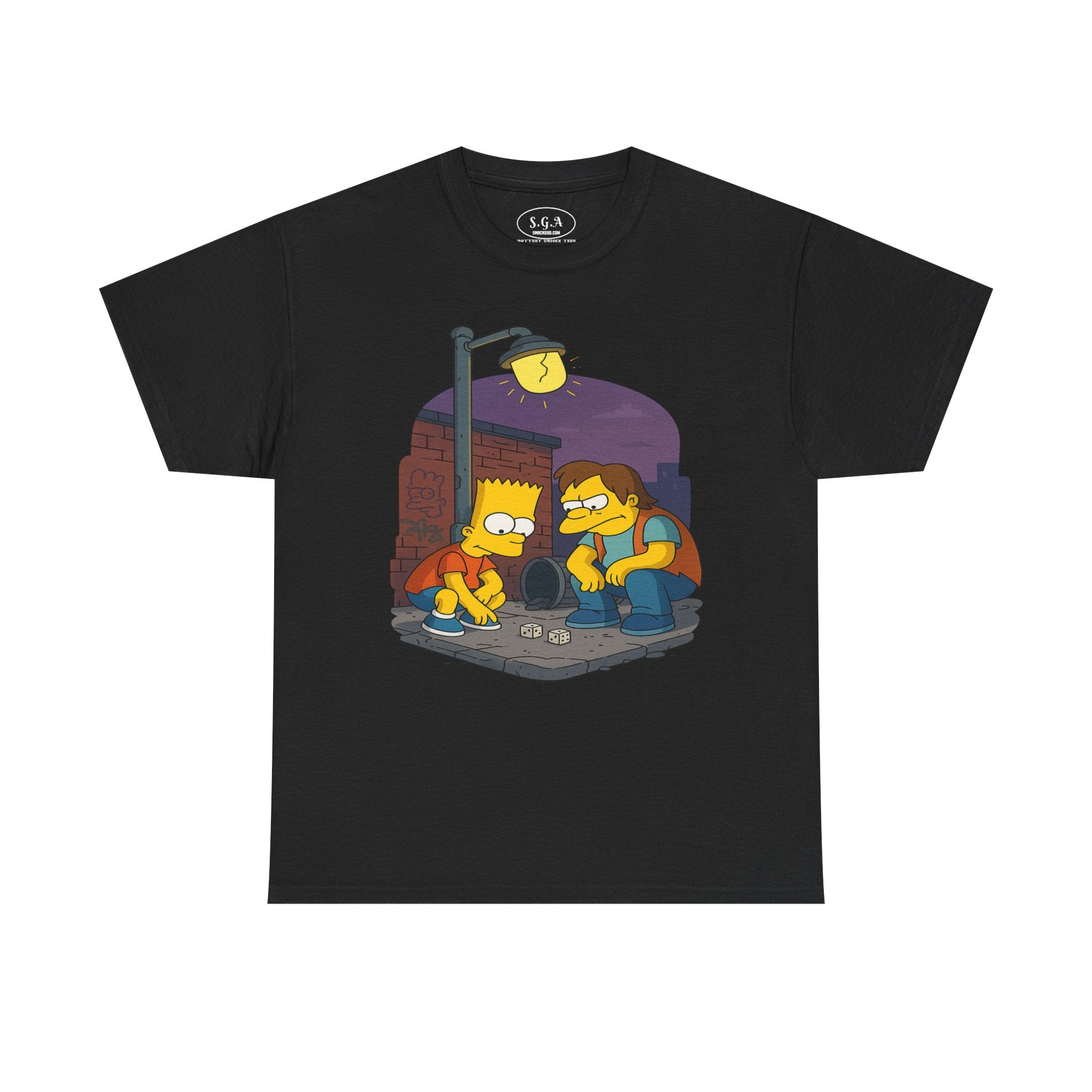 Smack God Apparel “Street Dice Hustle” Graphic T-Shirt – Bart Simpson & Nelson Inspired Tee | Urban Cartoon Streetwear Shirt | Retro Dice Game Graphic Tee