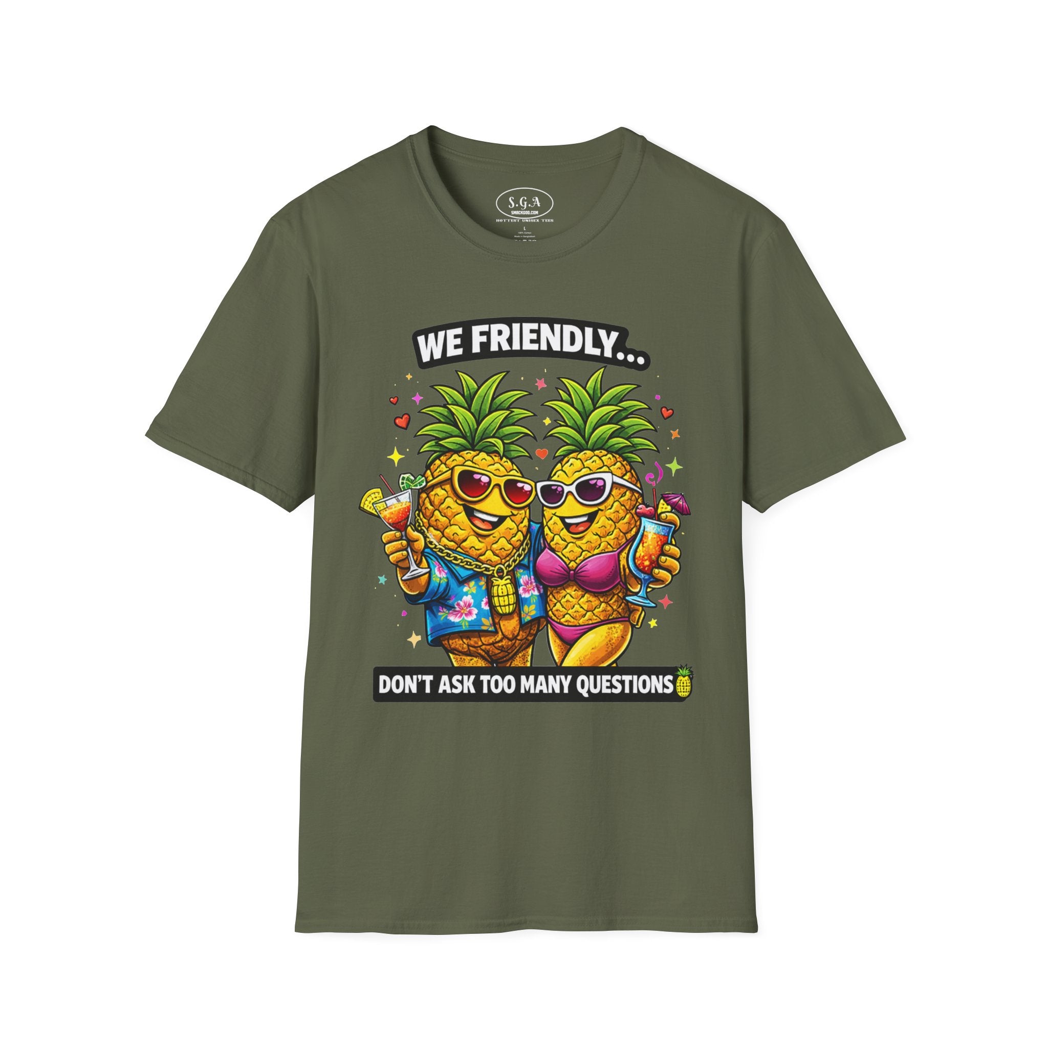 Smack God Apparel “We Friendly” Pineapple T-Shirt – Funny Adult Humor Tee | Swinger Pineapple Shirt | Tropical Party Graphic Tee