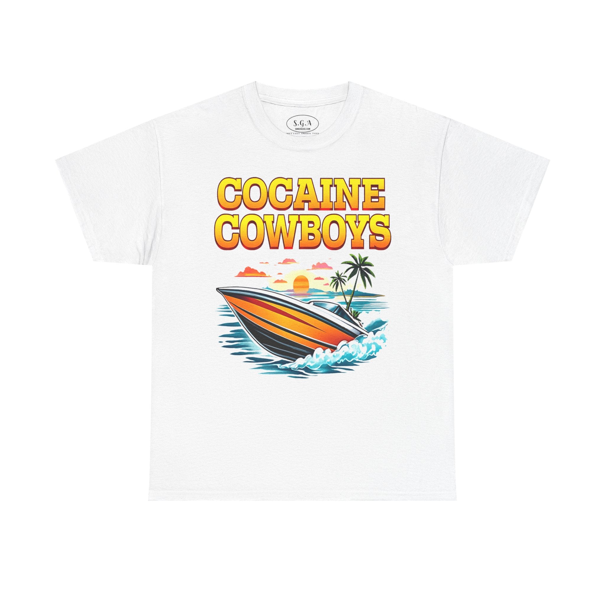 Cocaine Cowboys Boat Graphic T-Shirt – Miami Vice Style Speedboat Tee | Retro Ocean Streetwear Shirt | Smack God Apparel