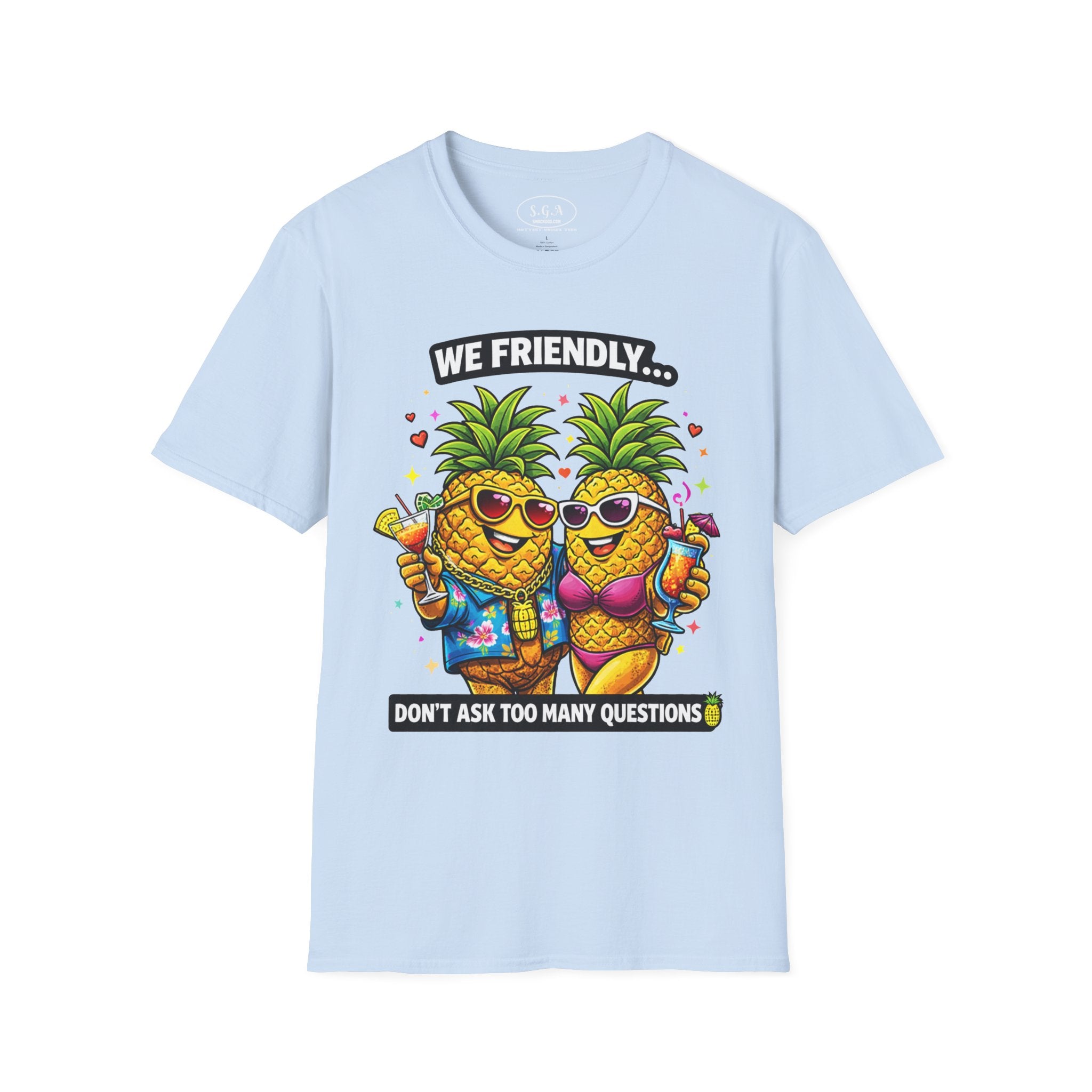 Smack God Apparel “We Friendly” Pineapple T-Shirt – Funny Adult Humor Tee | Swinger Pineapple Shirt | Tropical Party Graphic Tee