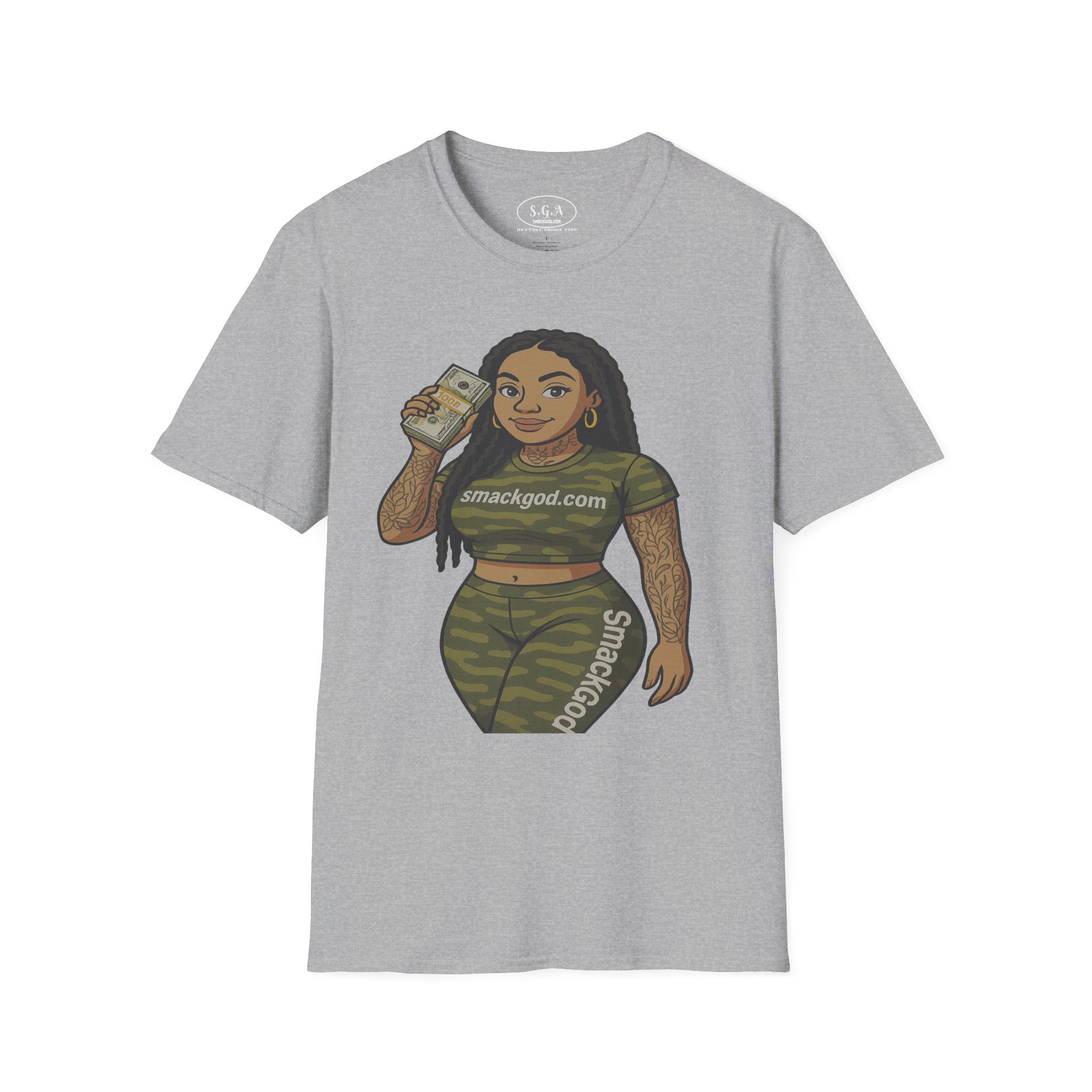 Camo Cartoon Girl Graphic T-Shirt – Urban Streetwear Tee | Money Hustle Aesthetic Shirt | Smack God Apparel