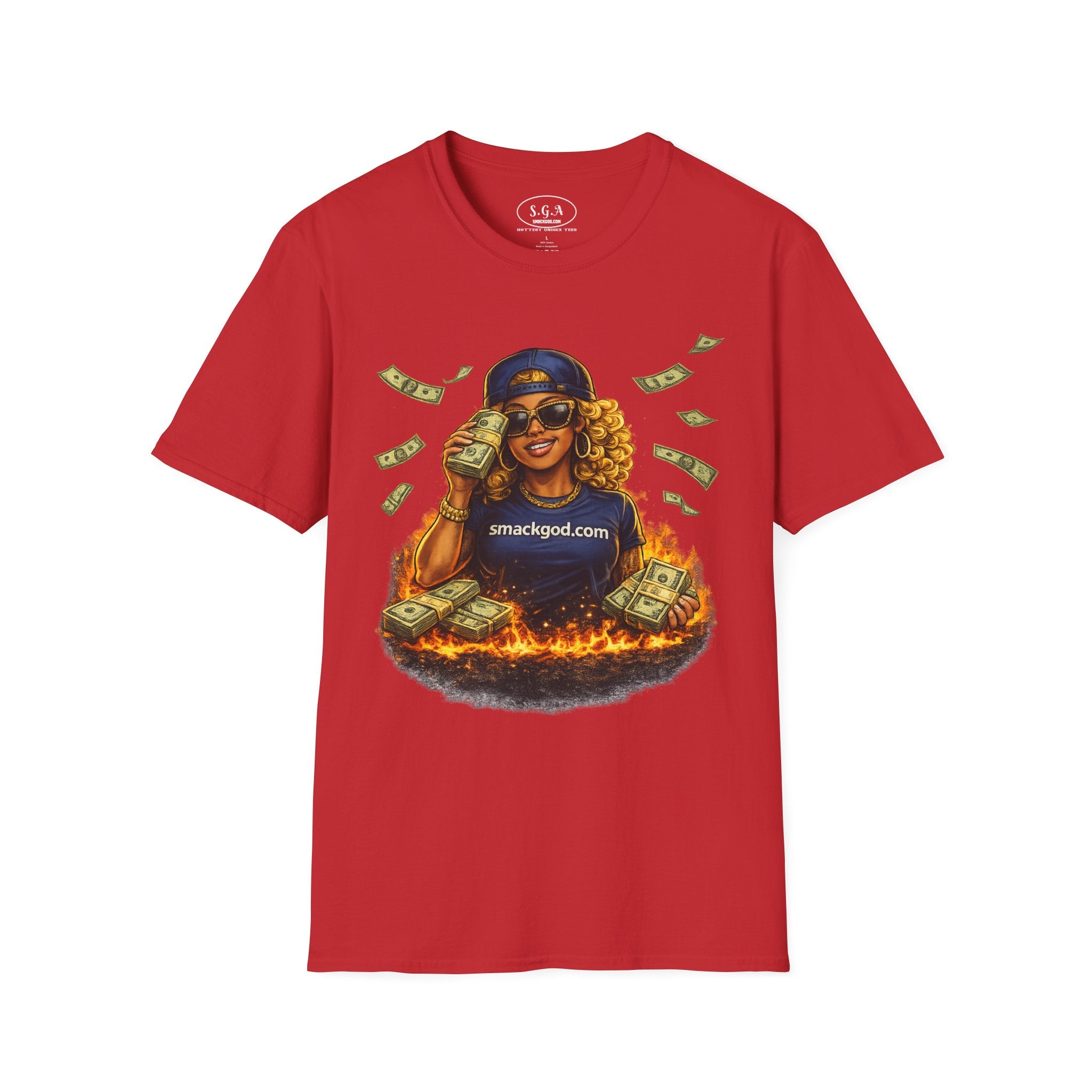 Smack God Apparel “Money Flame Boss Babe” Graphic T-Shirt – Hustle Lifestyle Streetwear Tee | Cash Stack Urban Queen Shirt | Viral Graphic Tee