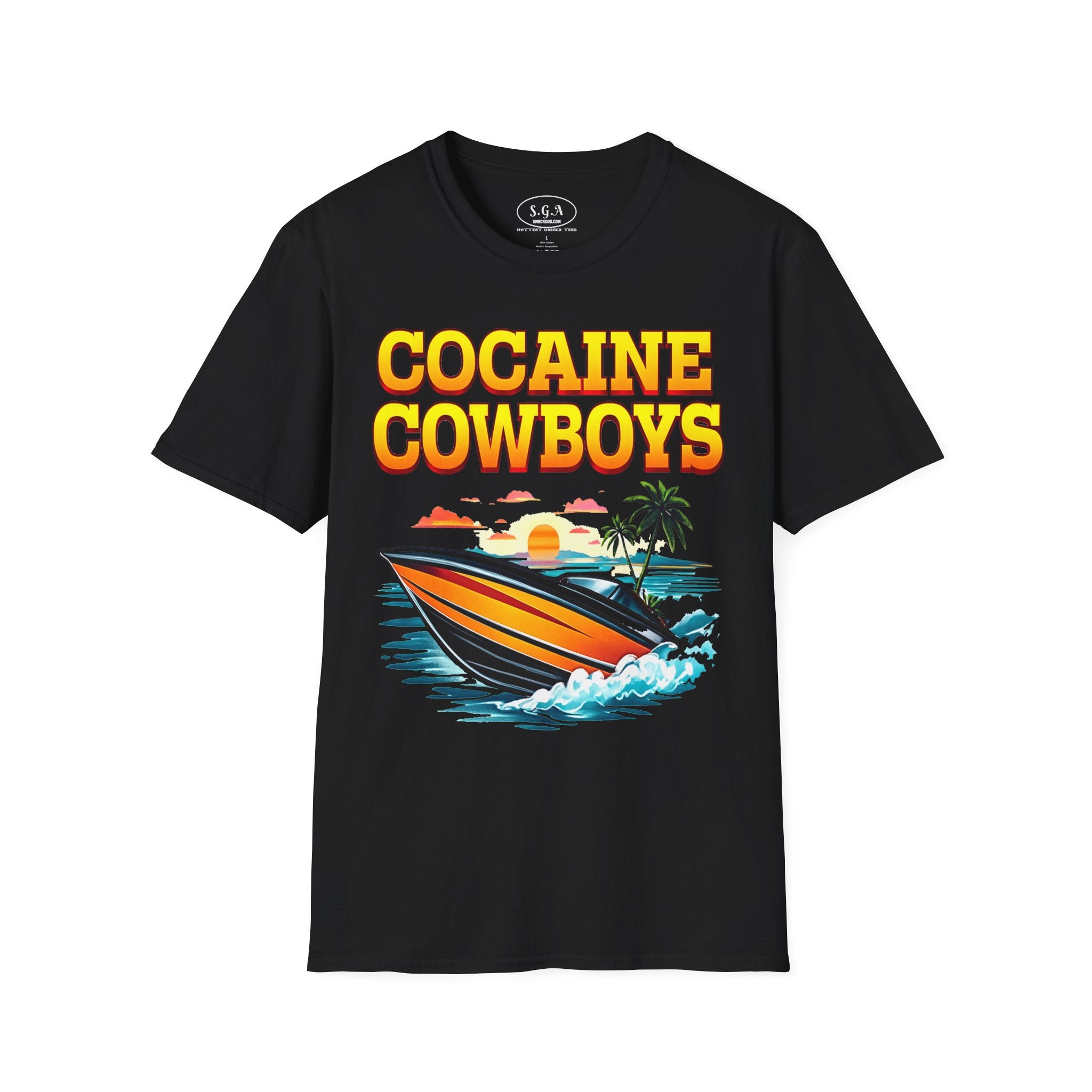 Cocaine Cowboys Boat Graphic T-Shirt – Miami Vice Style Speedboat Tee | Retro Ocean Streetwear Shirt | Smack God Apparel
