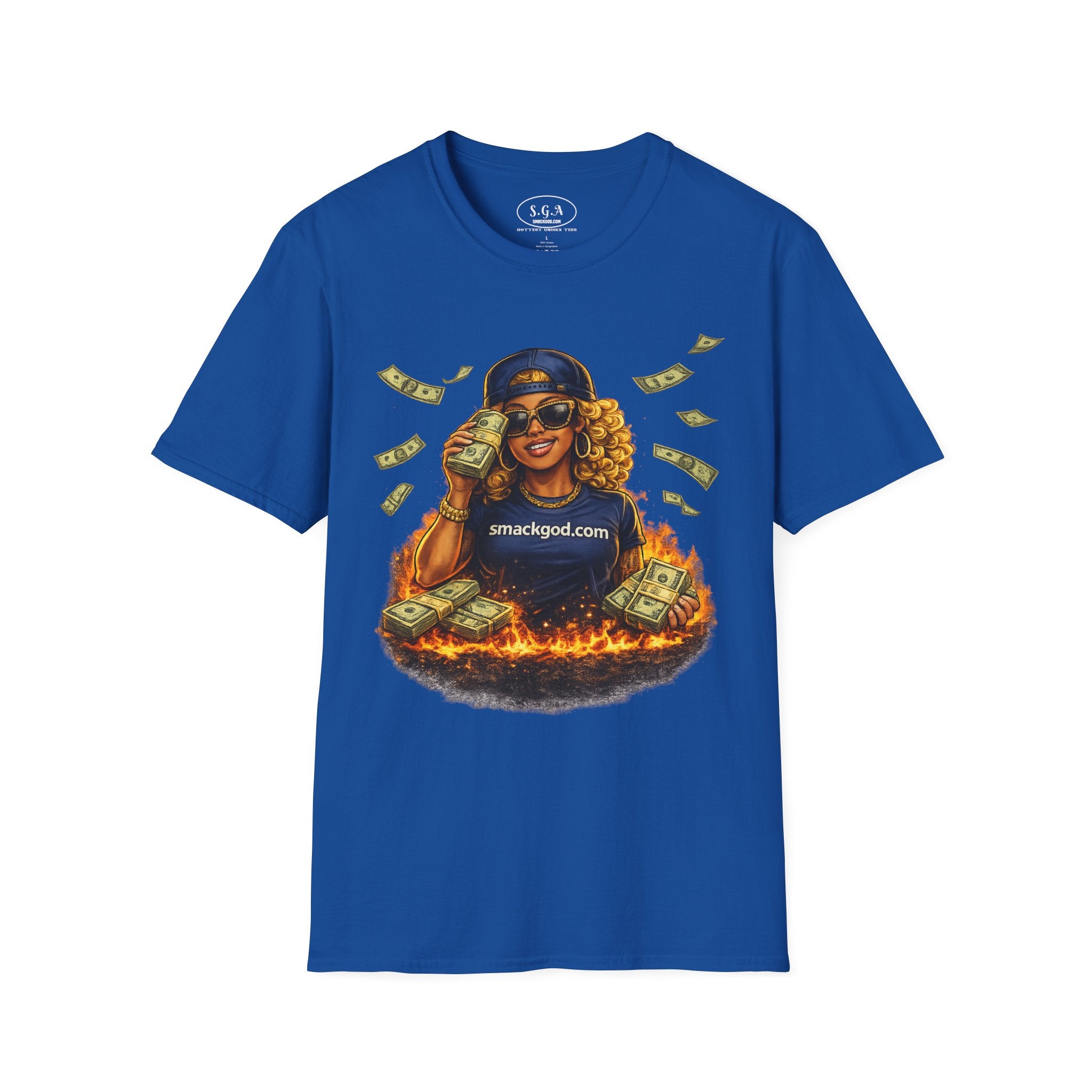 Smack God Apparel “Money Flame Boss Babe” Graphic T-Shirt – Hustle Lifestyle Streetwear Tee | Cash Stack Urban Queen Shirt | Viral Graphic Tee