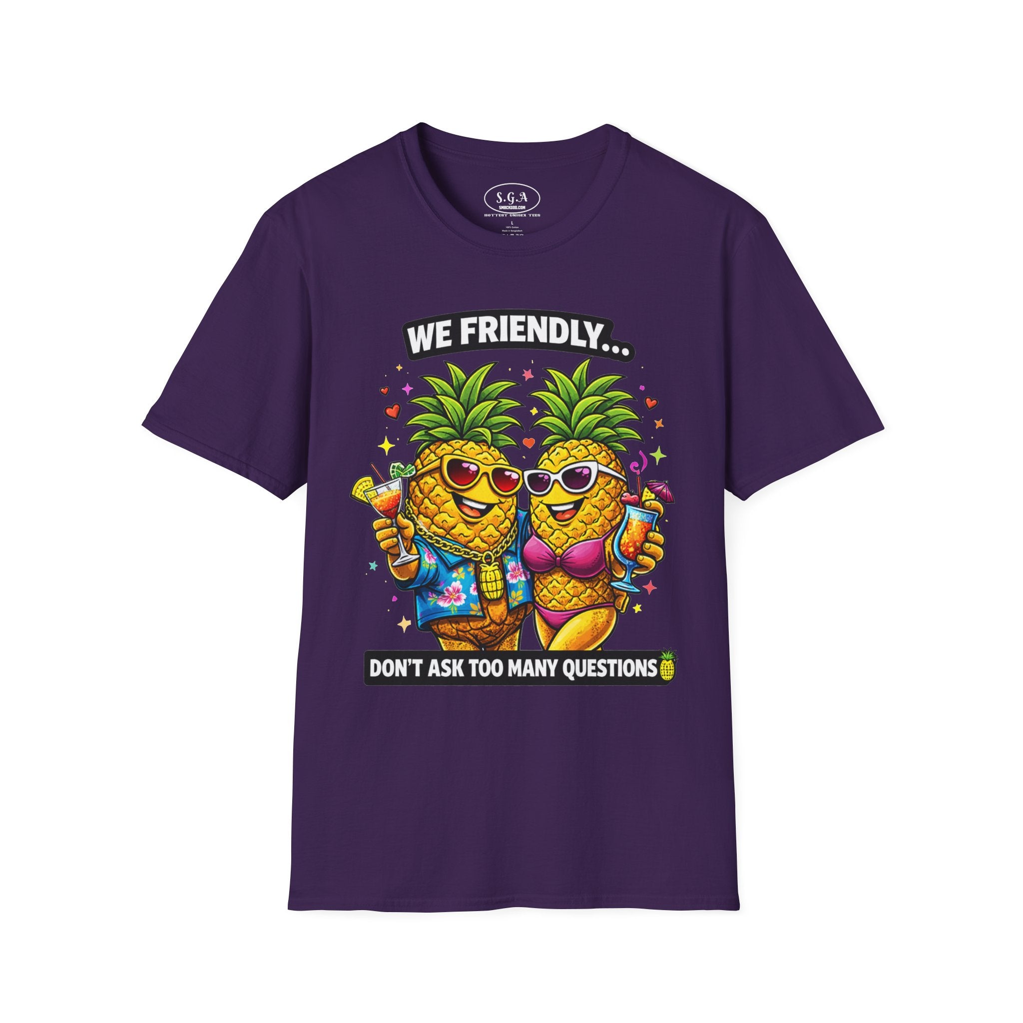 Smack God Apparel “We Friendly” Pineapple T-Shirt – Funny Adult Humor Tee | Swinger Pineapple Shirt | Tropical Party Graphic Tee