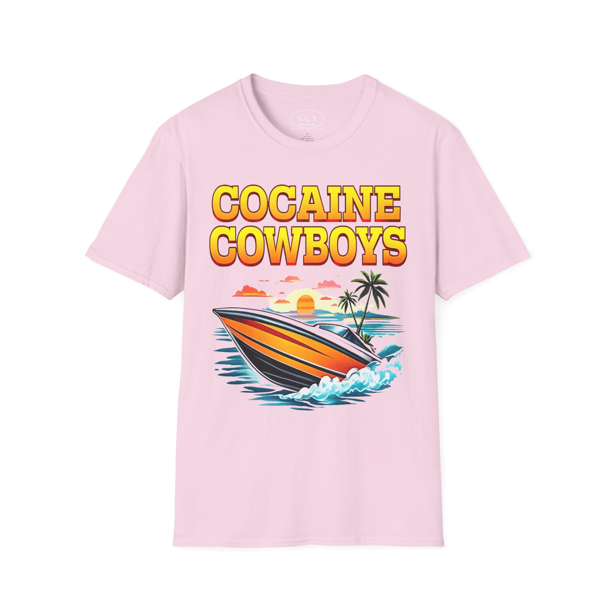 Cocaine Cowboys Boat Graphic T-Shirt – Miami Vice Style Speedboat Tee | Retro Ocean Streetwear Shirt | Smack God Apparel