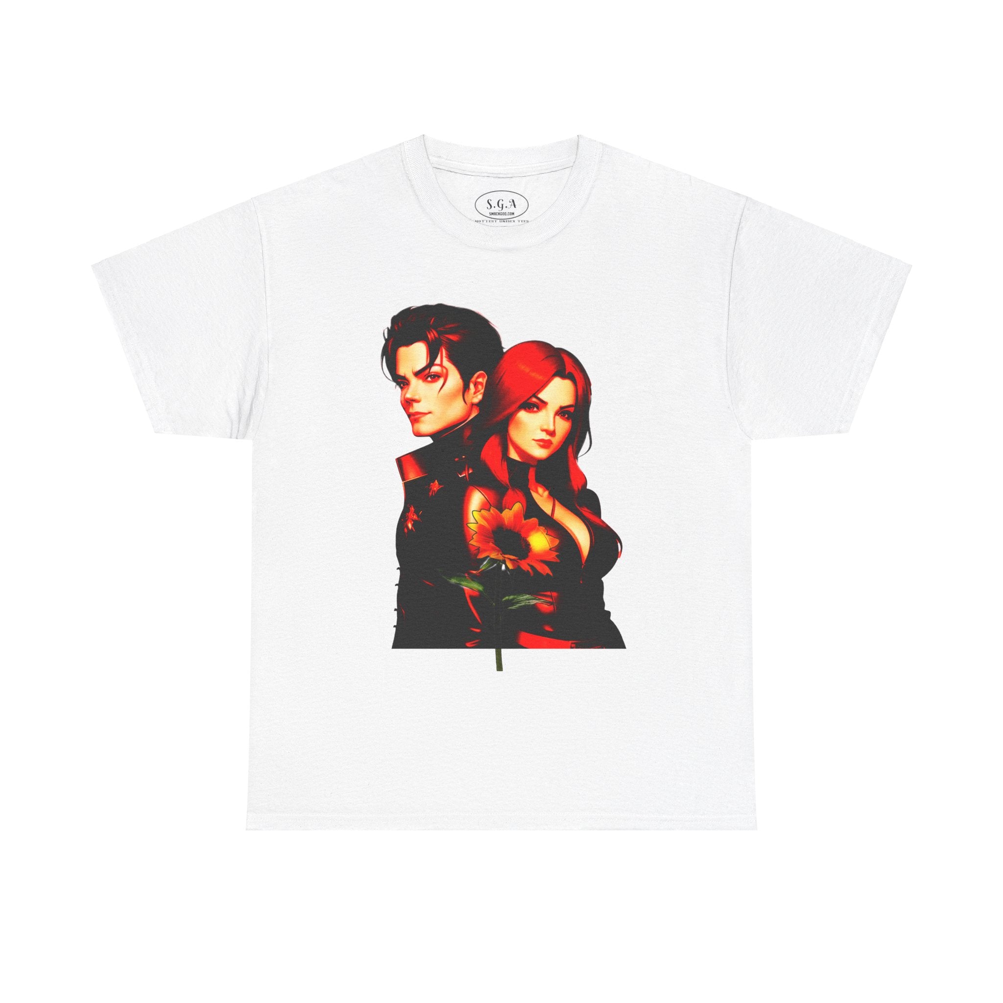 Michael Jackson & Lisa Marie Presley Inspired Graphic T-Shirt – Red Aesthetic Couple Tee with Sunflower | Streetwear Fashion Shirt | Smack God Apparel