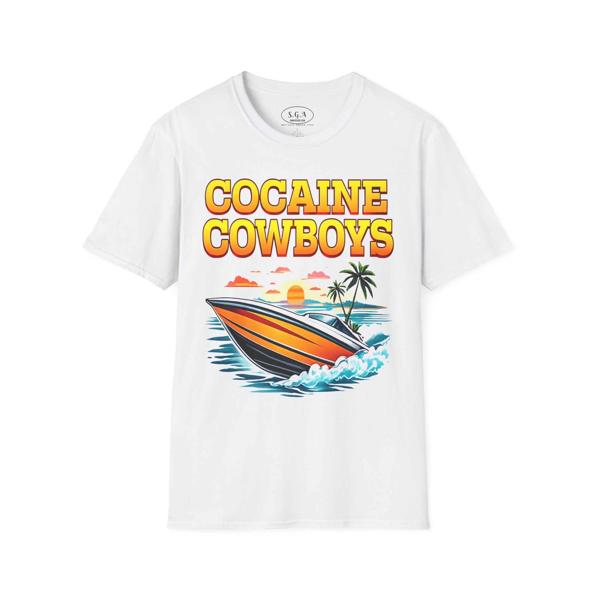 Cocaine Cowboys Boat Graphic T-Shirt – Miami Vice Style Speedboat Tee | Retro Ocean Streetwear Shirt | Smack God Apparel