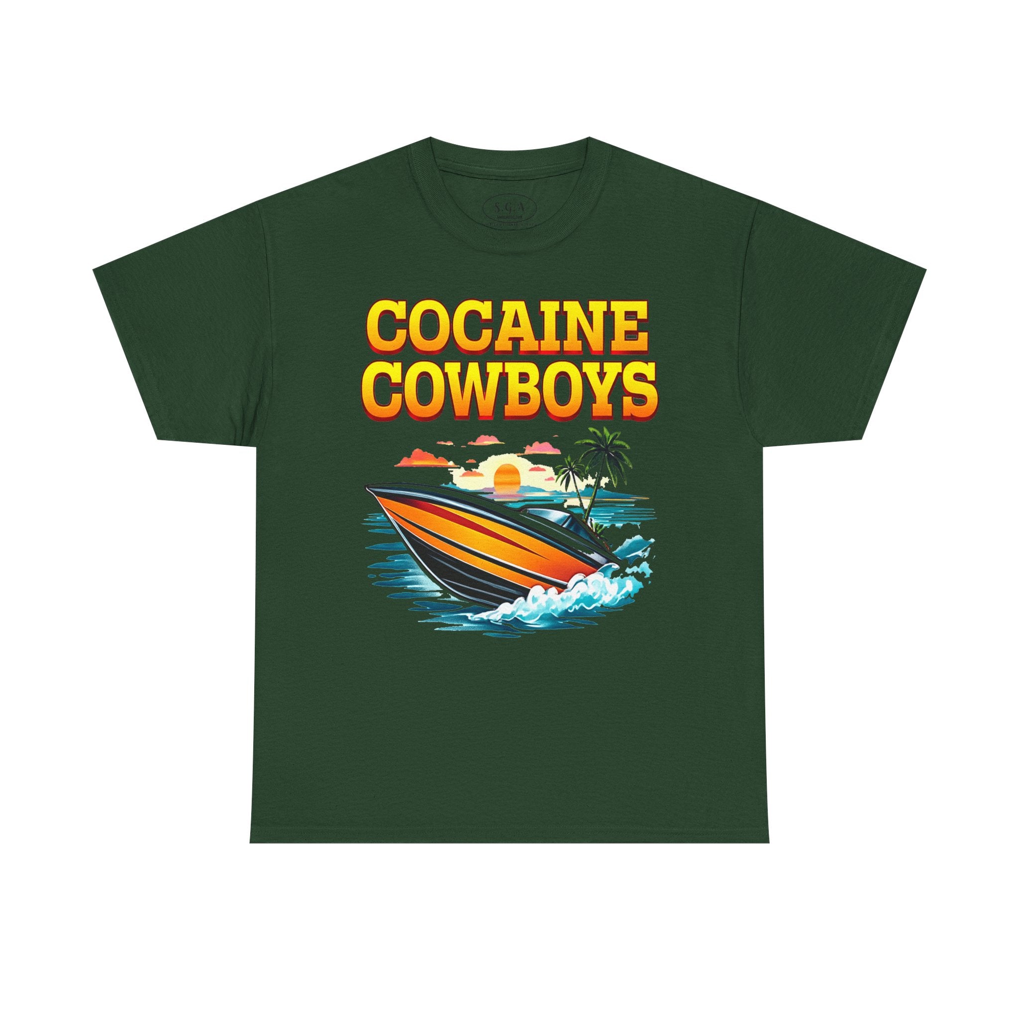 Cocaine Cowboys Boat Graphic T-Shirt – Miami Vice Style Speedboat Tee | Retro Ocean Streetwear Shirt | Smack God Apparel