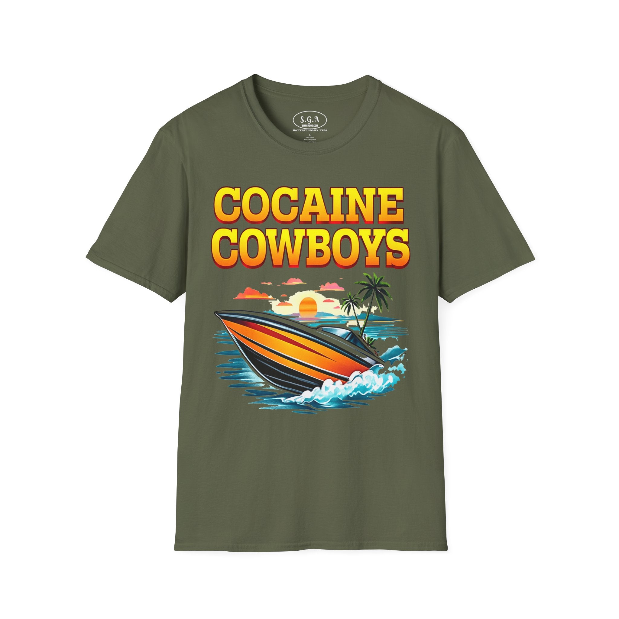 Cocaine Cowboys Boat Graphic T-Shirt – Miami Vice Style Speedboat Tee | Retro Ocean Streetwear Shirt | Smack God Apparel