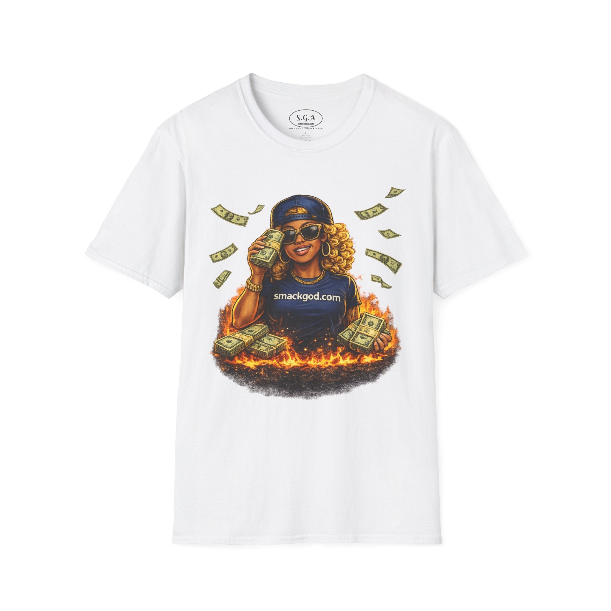 Smack God Apparel “Money Flame Boss Babe” Graphic T-Shirt – Hustle Lifestyle Streetwear Tee | Cash Stack Urban Queen Shirt | Viral Graphic Tee