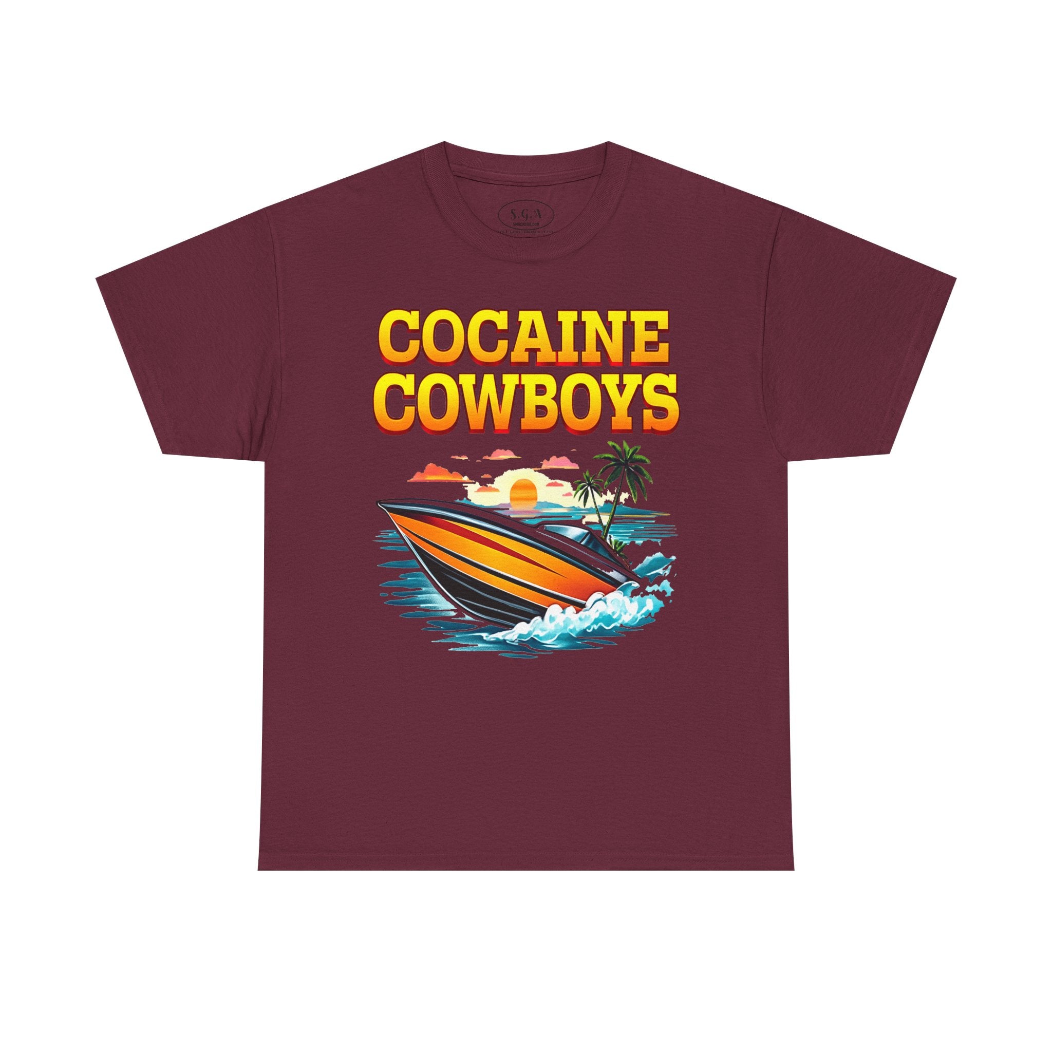 Cocaine Cowboys Boat Graphic T-Shirt – Miami Vice Style Speedboat Tee | Retro Ocean Streetwear Shirt | Smack God Apparel