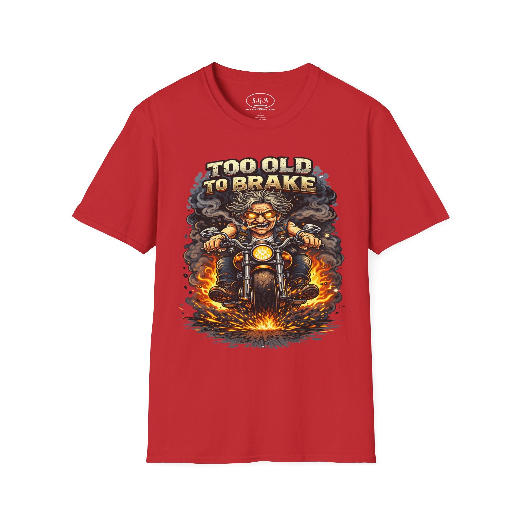 Too Old To Brake Biker T-Shirt – Smack God Apparel | Funny Motorcycle Graphic Tee | Vintage Biker Humor Shirt | Badass Rider T-Shirt