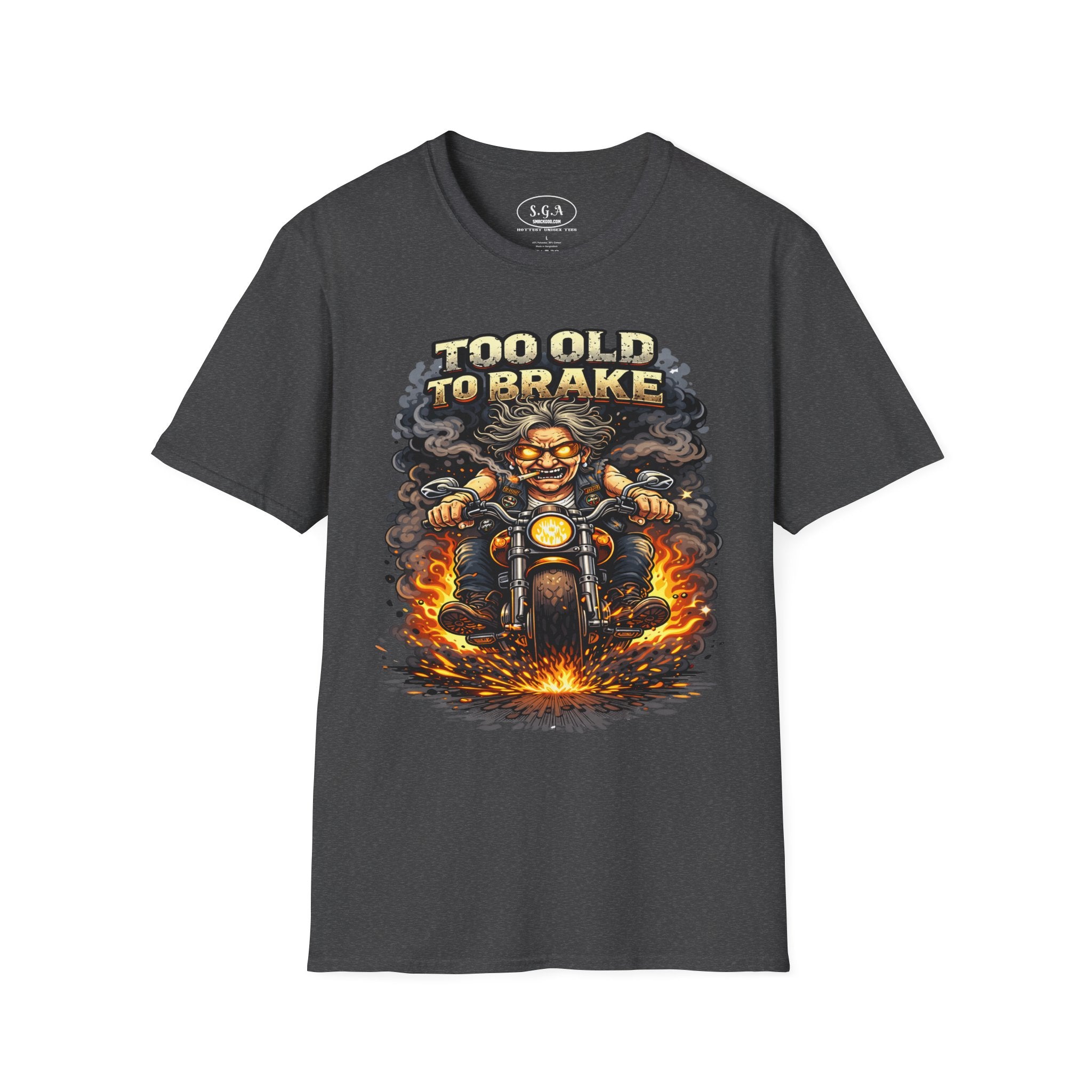 Too Old To Brake Biker T-Shirt – Smack God Apparel | Funny Motorcycle Graphic Tee | Vintage Biker Humor Shirt | Badass Rider T-Shirt