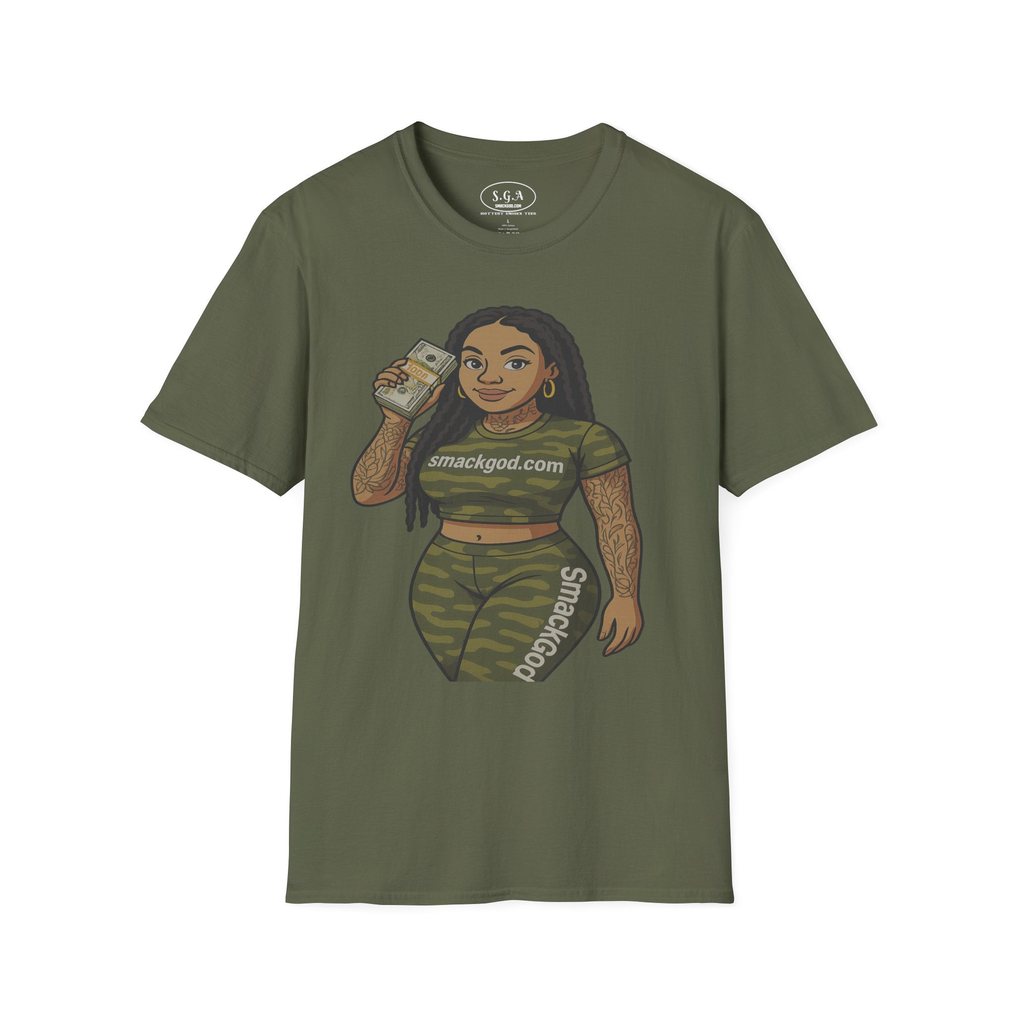 Camo Cartoon Girl Graphic T-Shirt – Urban Streetwear Tee | Money Hustle Aesthetic Shirt | Smack God Apparel