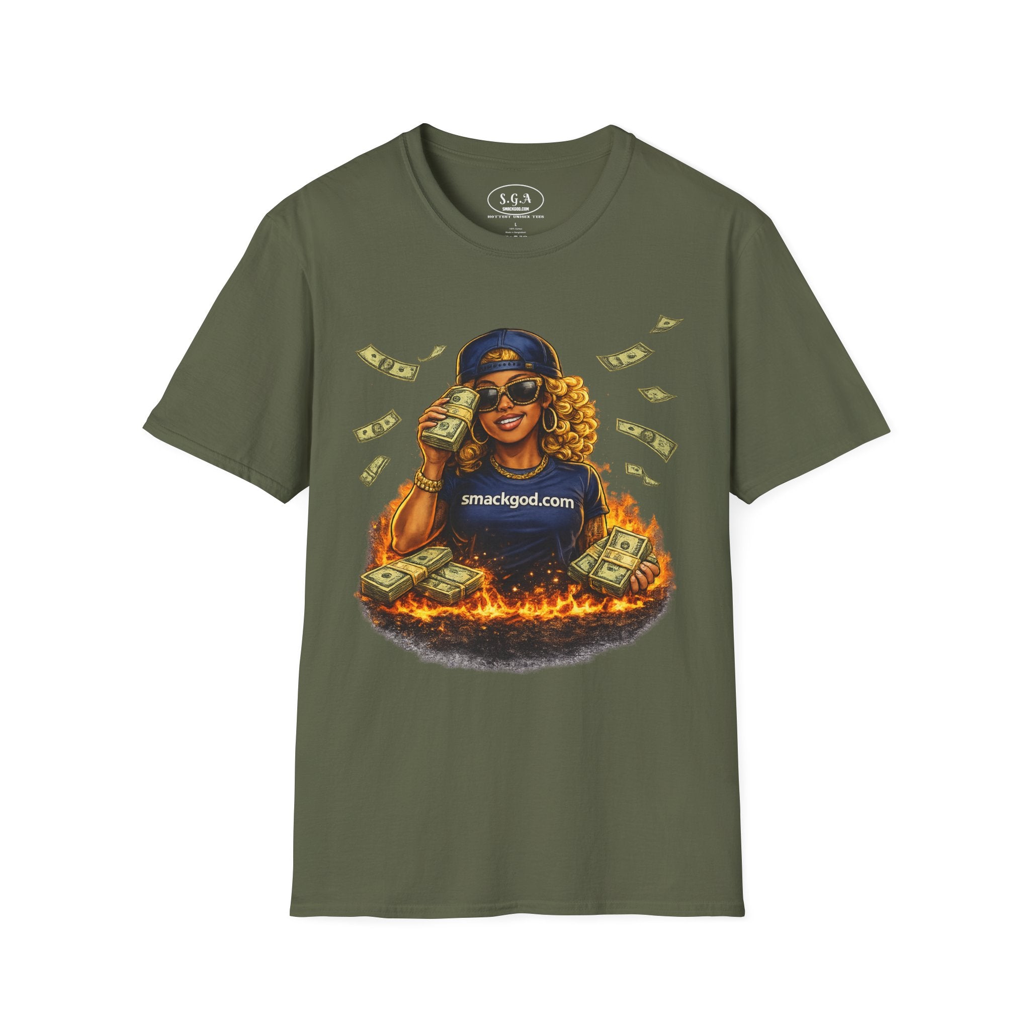 Smack God Apparel “Money Flame Boss Babe” Graphic T-Shirt – Hustle Lifestyle Streetwear Tee | Cash Stack Urban Queen Shirt | Viral Graphic Tee