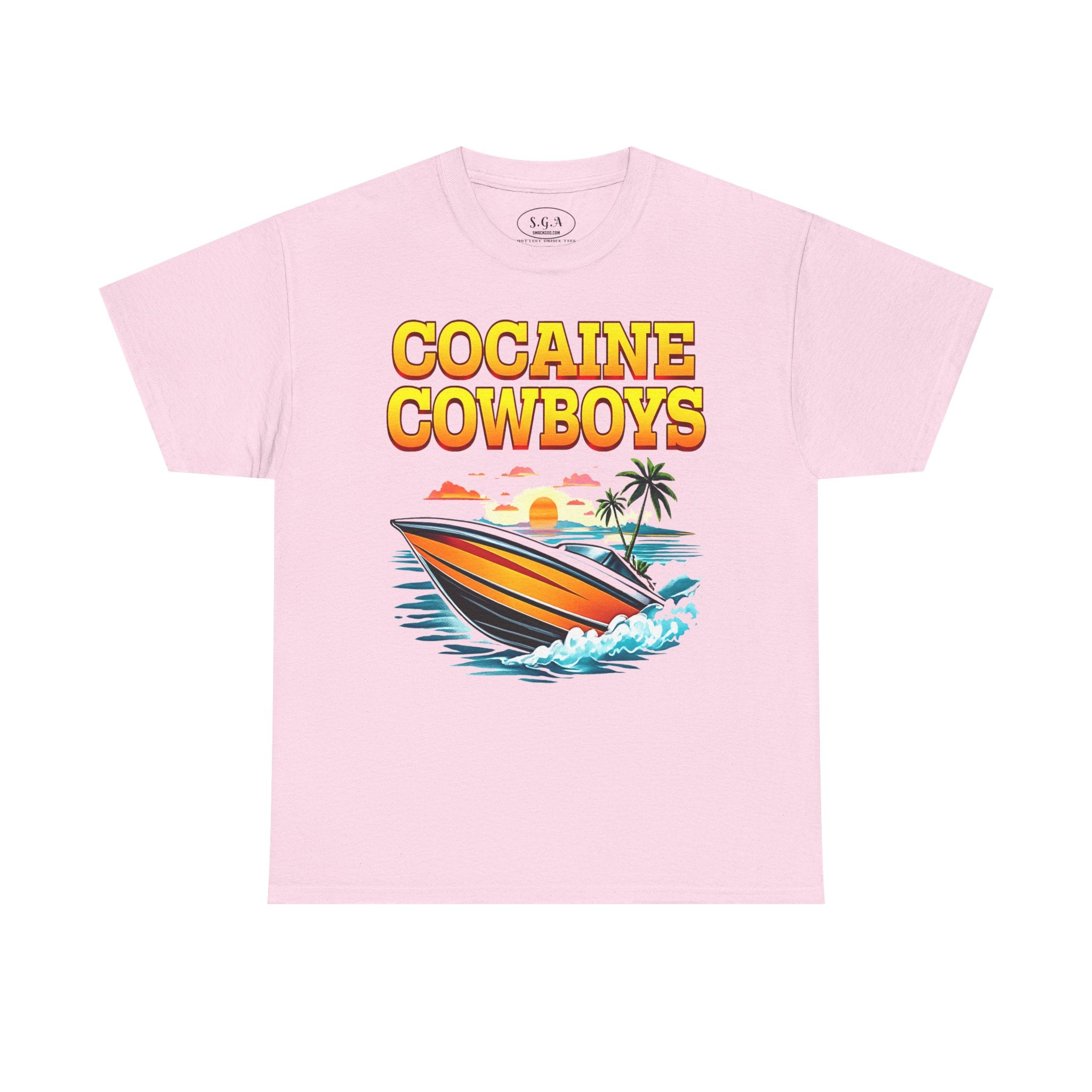 Cocaine Cowboys Boat Graphic T-Shirt – Miami Vice Style Speedboat Tee | Retro Ocean Streetwear Shirt | Smack God Apparel