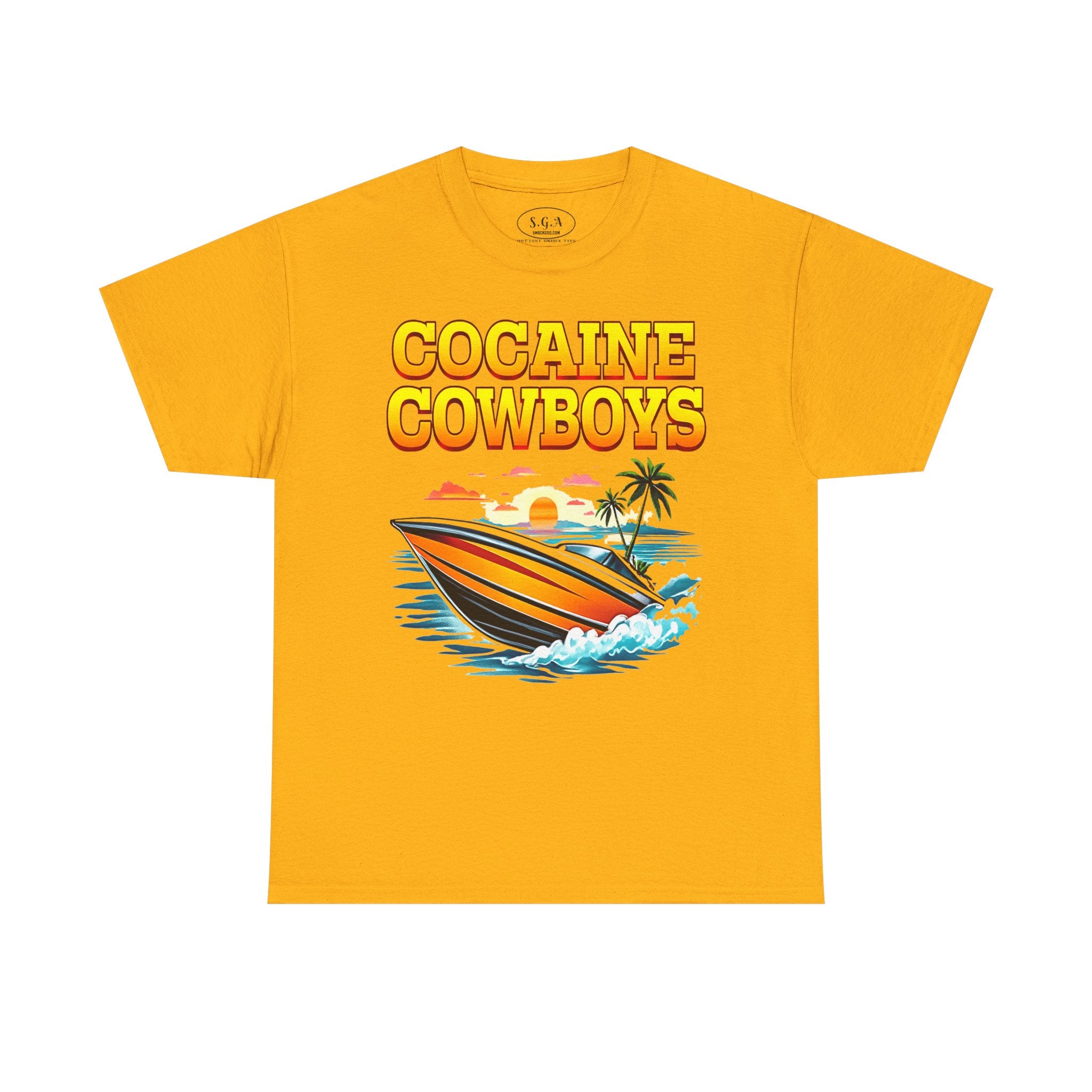 Cocaine Cowboys Boat Graphic T-Shirt – Miami Vice Style Speedboat Tee | Retro Ocean Streetwear Shirt | Smack God Apparel