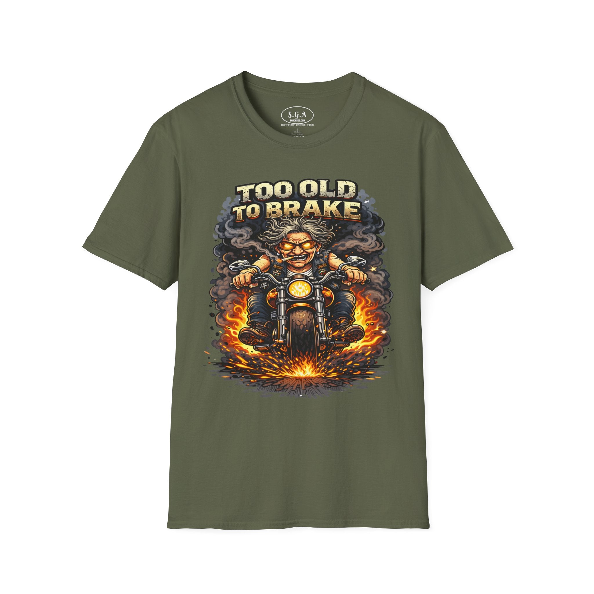 Too Old To Brake Biker T-Shirt – Smack God Apparel | Funny Motorcycle Graphic Tee | Vintage Biker Humor Shirt | Badass Rider T-Shirt