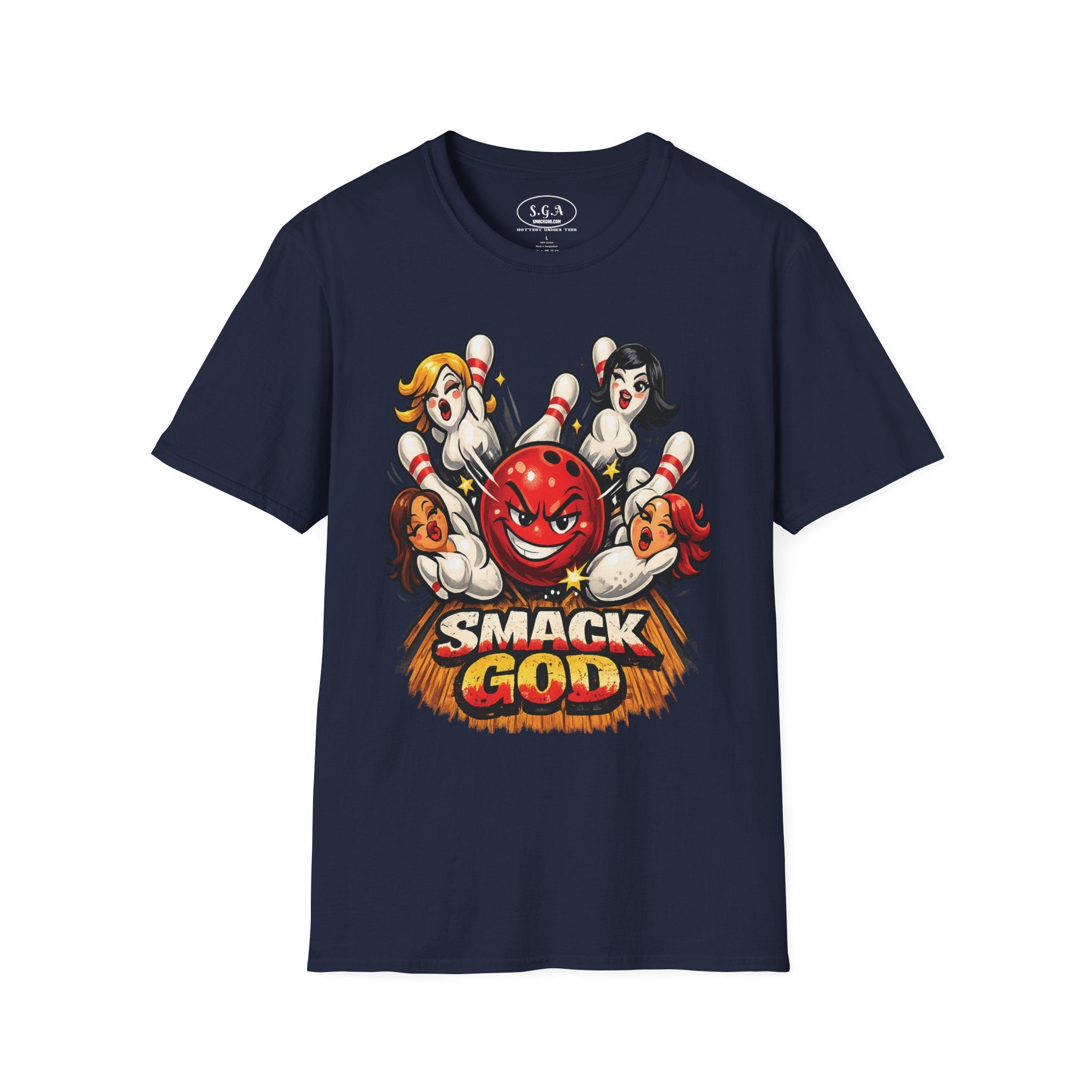 “Smack God Bowling” T-Shirt – Funny Bowling Graphic Tee | Retro Pin-Up Bowling Shirt | Strike King Streetwear Tee | Smack God Apparel