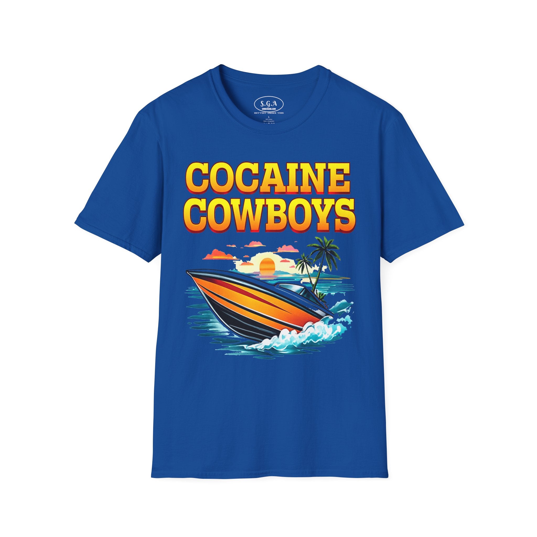 Cocaine Cowboys Boat Graphic T-Shirt – Miami Vice Style Speedboat Tee | Retro Ocean Streetwear Shirt | Smack God Apparel