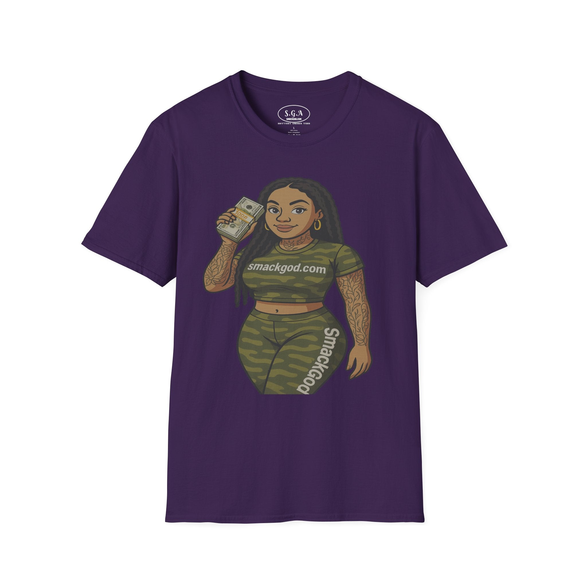 Camo Cartoon Girl Graphic T-Shirt – Urban Streetwear Tee | Money Hustle Aesthetic Shirt | Smack God Apparel