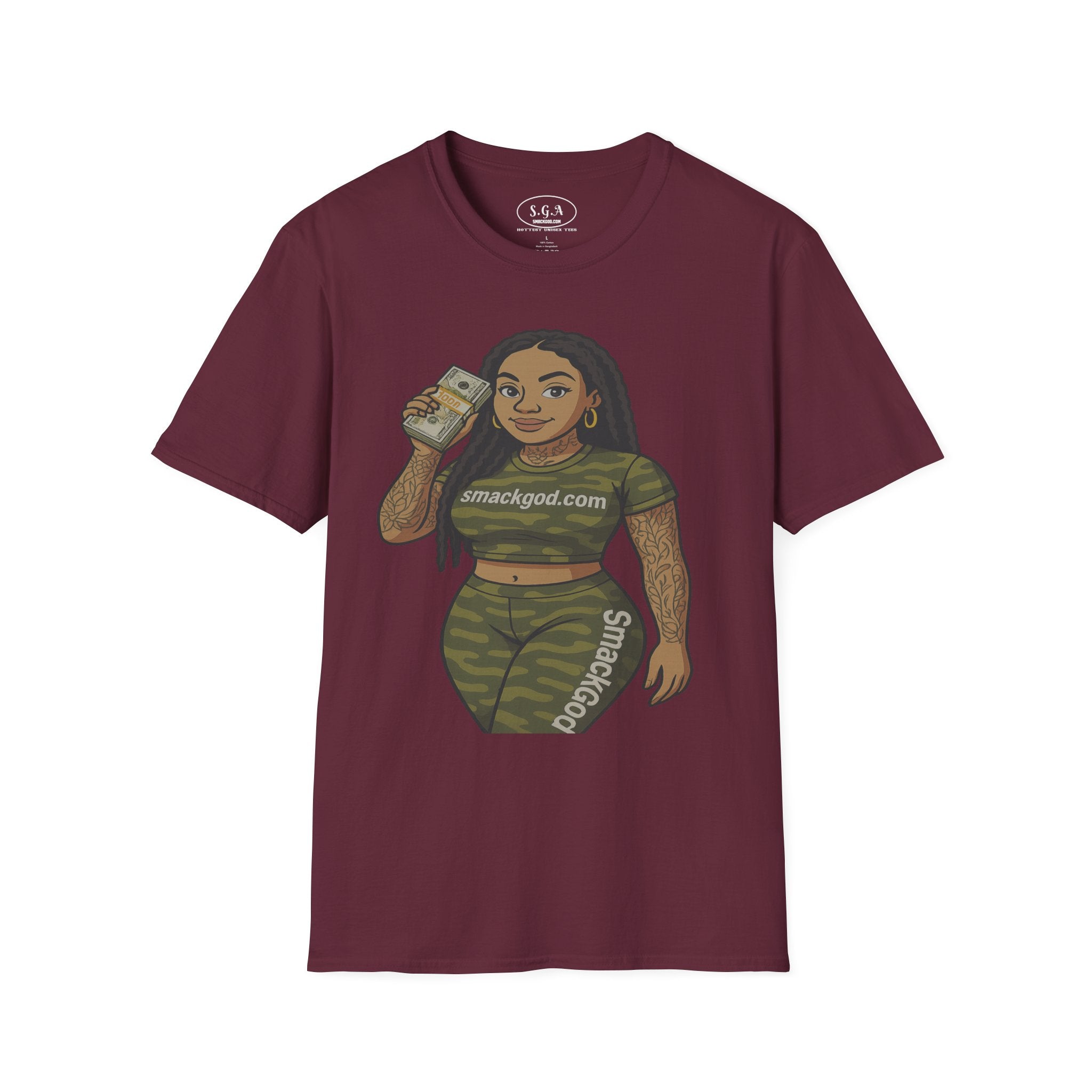 Camo Cartoon Girl Graphic T-Shirt – Urban Streetwear Tee | Money Hustle Aesthetic Shirt | Smack God Apparel