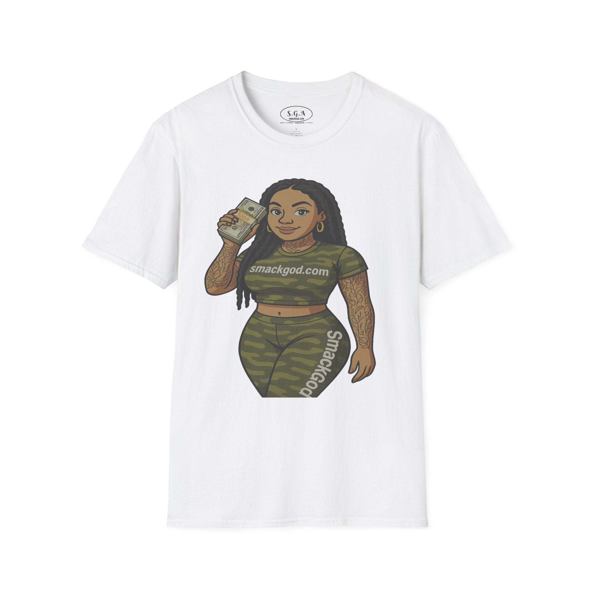 Camo Cartoon Girl Graphic T-Shirt – Urban Streetwear Tee | Money Hustle Aesthetic Shirt | Smack God Apparel