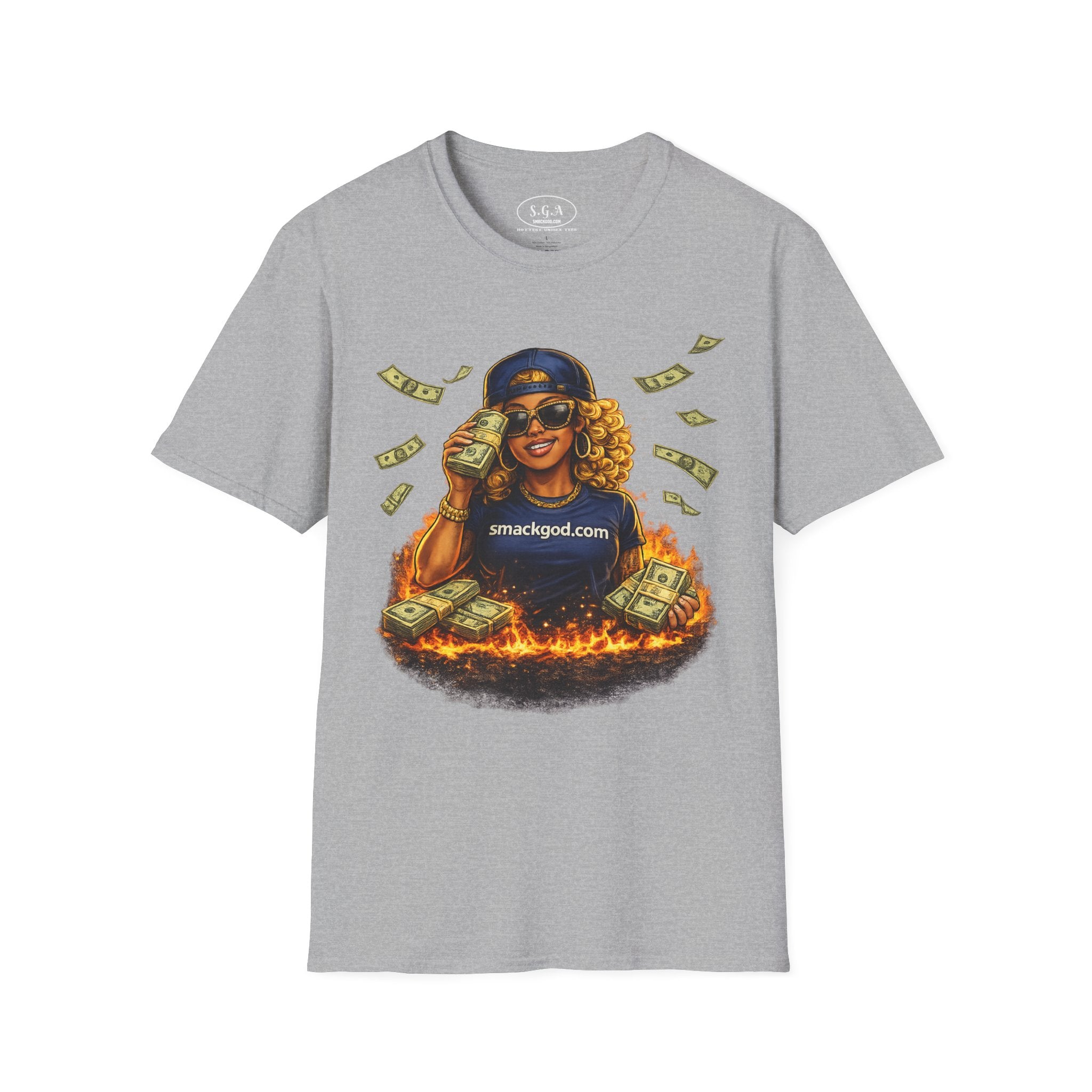 Smack God Apparel “Money Flame Boss Babe” Graphic T-Shirt – Hustle Lifestyle Streetwear Tee | Cash Stack Urban Queen Shirt | Viral Graphic Tee