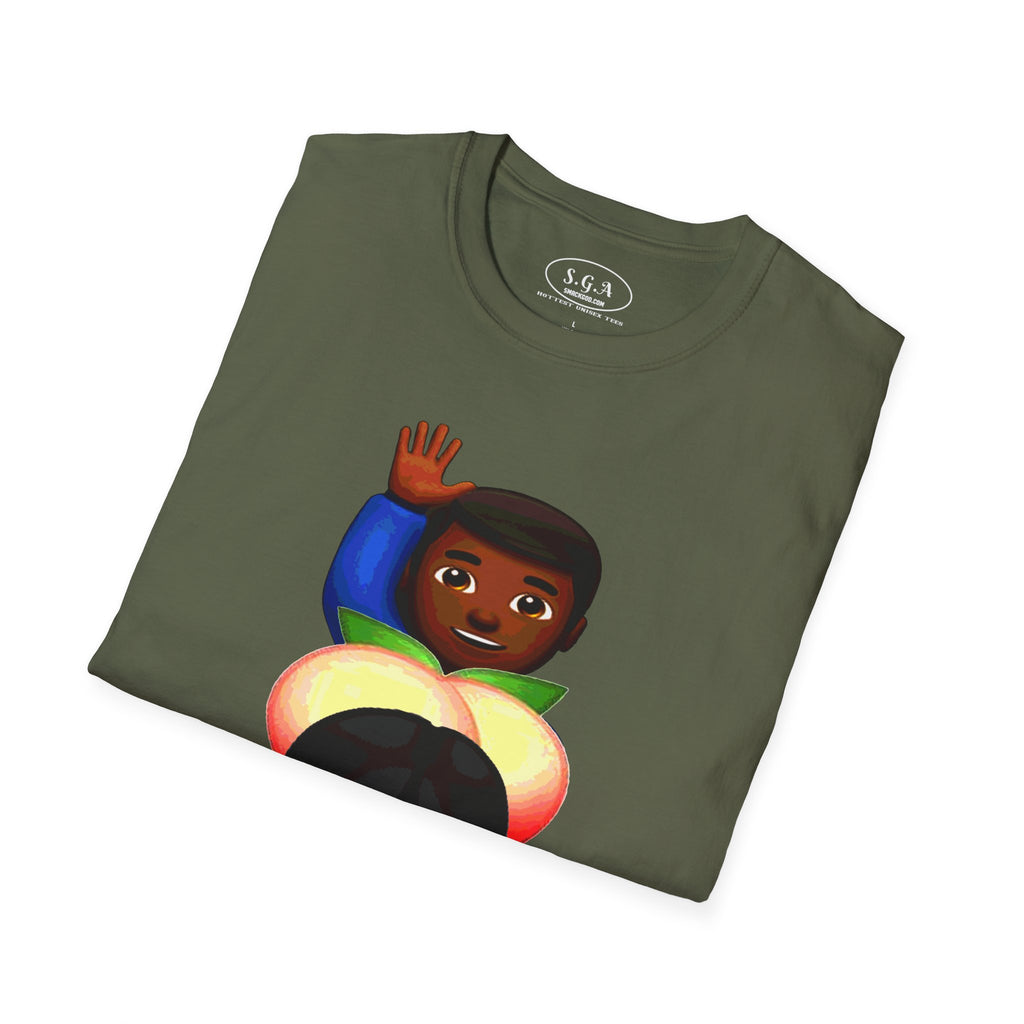 Smack God Apparel “Peachy Mood” Graphic T-Shirt – Funny Emoji Streetwear Tee | Urban Cartoon Booty Art Shirt | Trendy Viral Graphic Tee