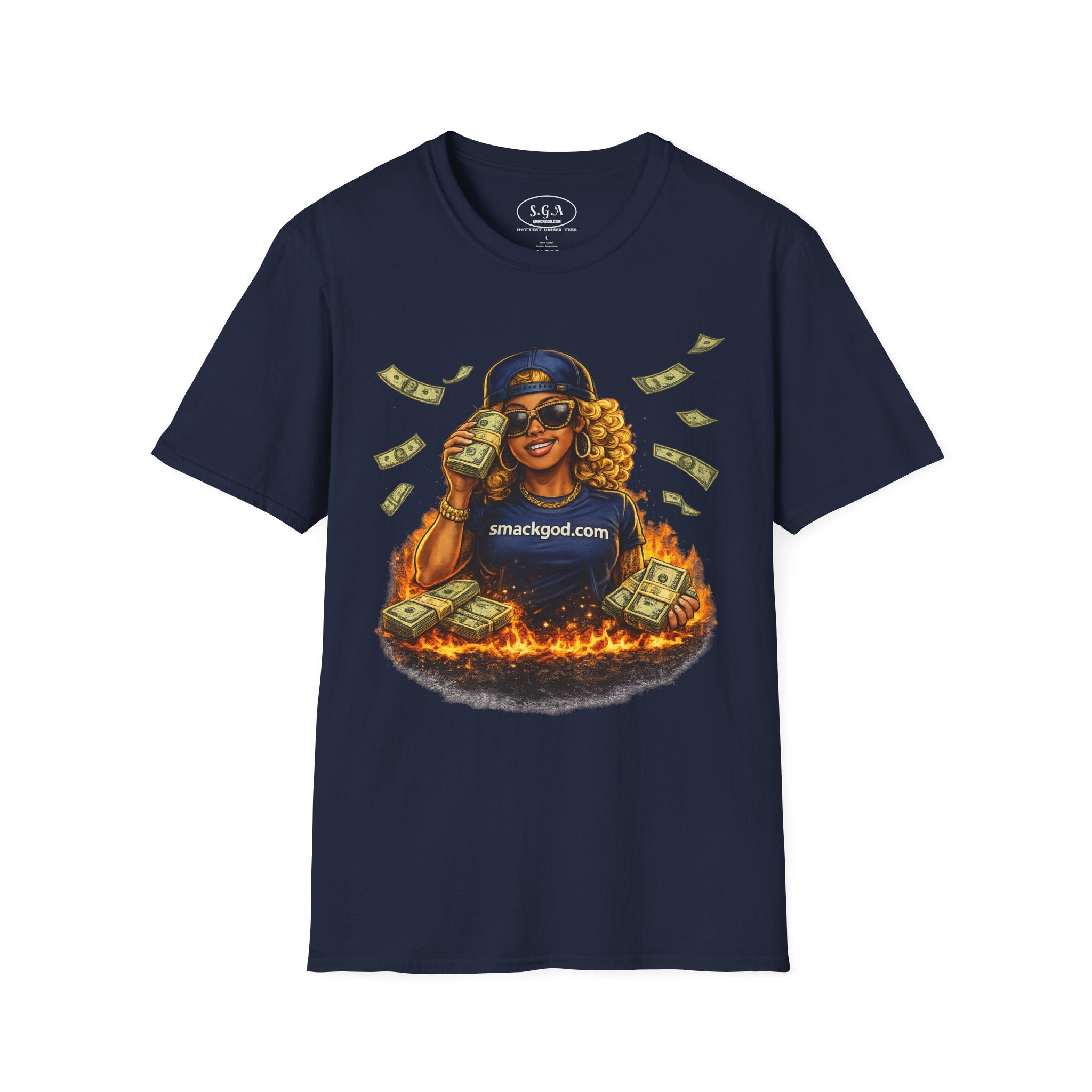 Smack God Apparel “Money Flame Boss Babe” Graphic T-Shirt – Hustle Lifestyle Streetwear Tee | Cash Stack Urban Queen Shirt | Viral Graphic Tee