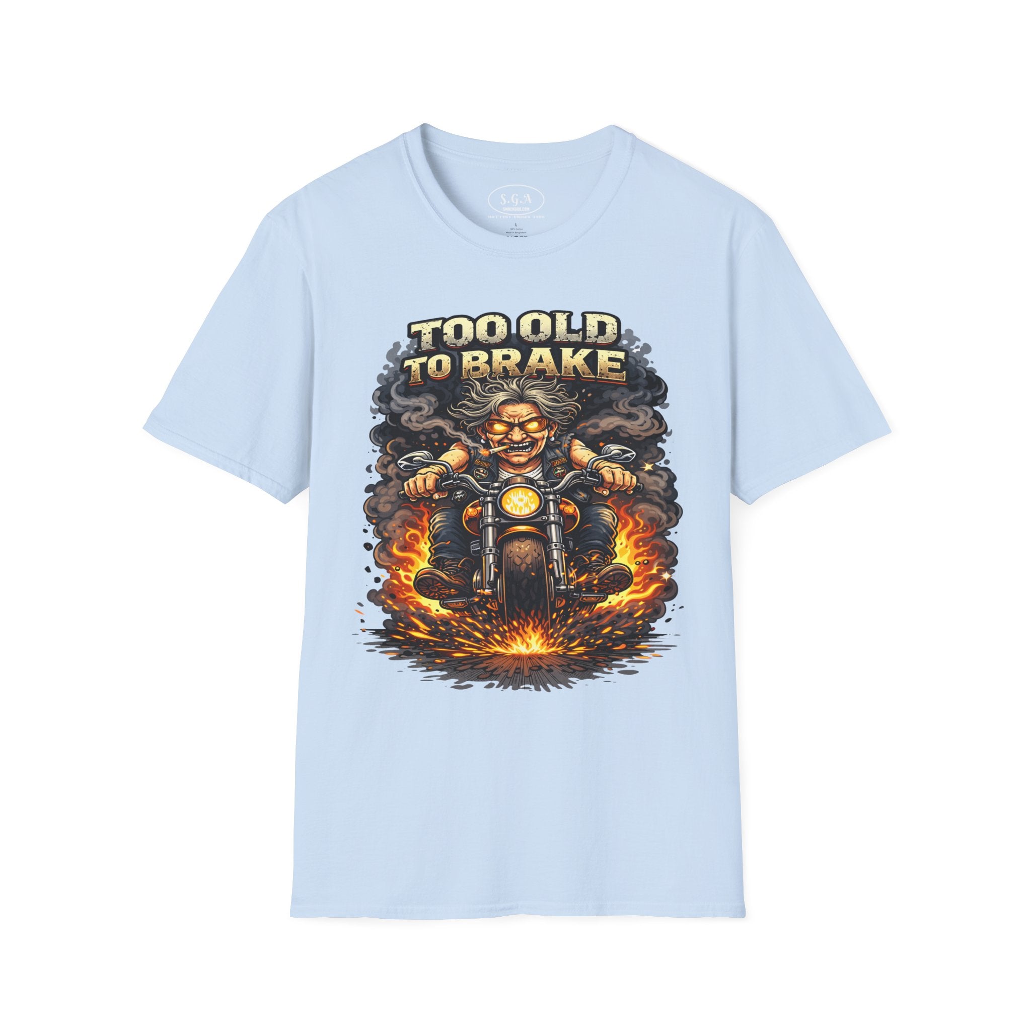 Too Old To Brake Biker T-Shirt – Smack God Apparel | Funny Motorcycle Graphic Tee | Vintage Biker Humor Shirt | Badass Rider T-Shirt
