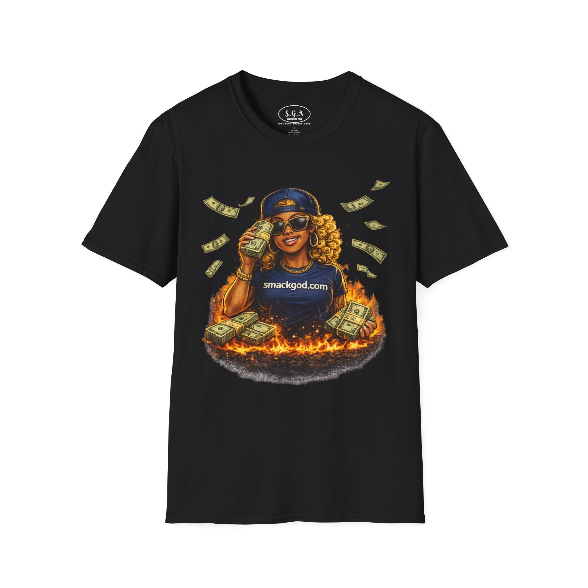 Smack God Apparel “Money Flame Boss Babe” Graphic T-Shirt – Hustle Lifestyle Streetwear Tee | Cash Stack Urban Queen Shirt | Viral Graphic Tee