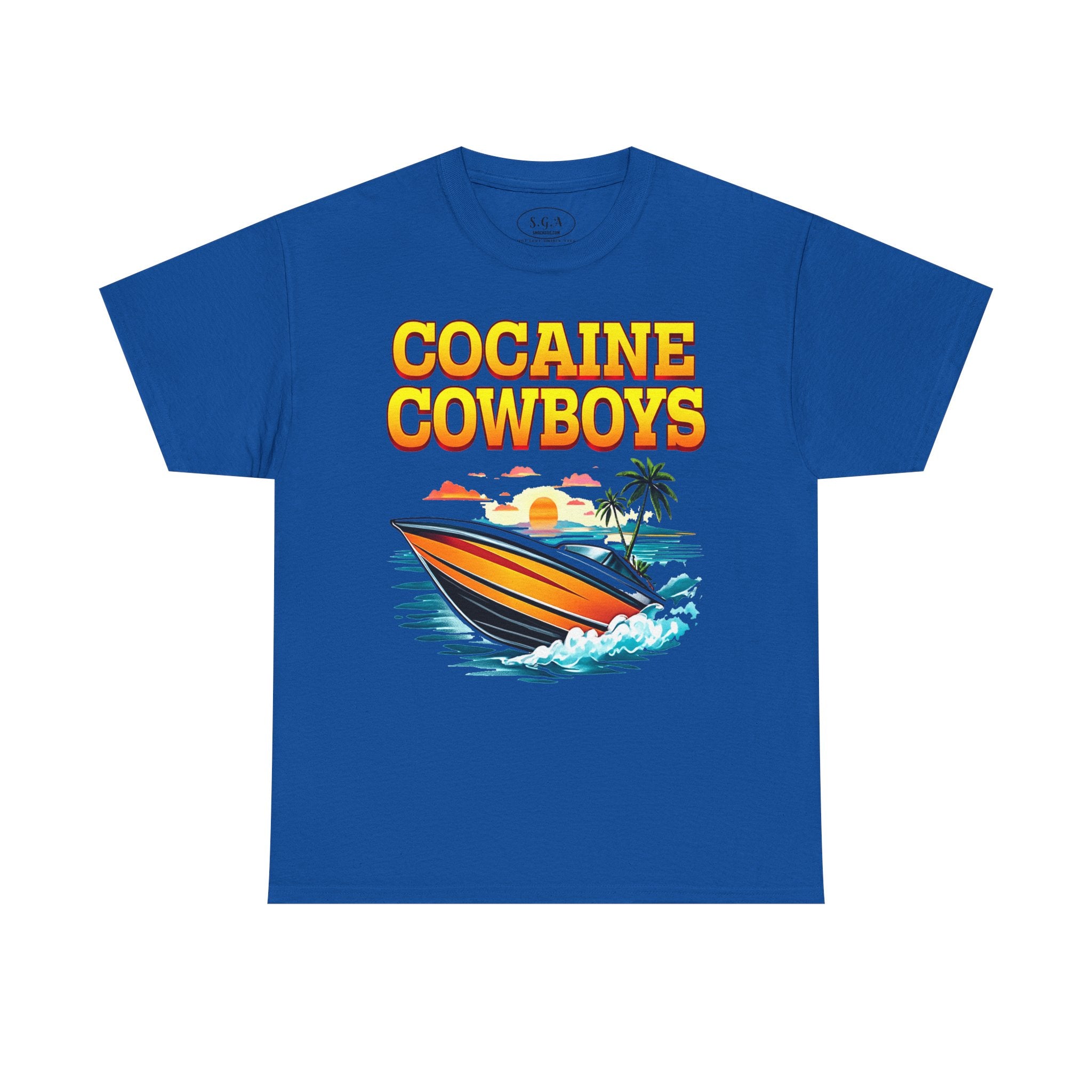Cocaine Cowboys Boat Graphic T-Shirt – Miami Vice Style Speedboat Tee | Retro Ocean Streetwear Shirt | Smack God Apparel