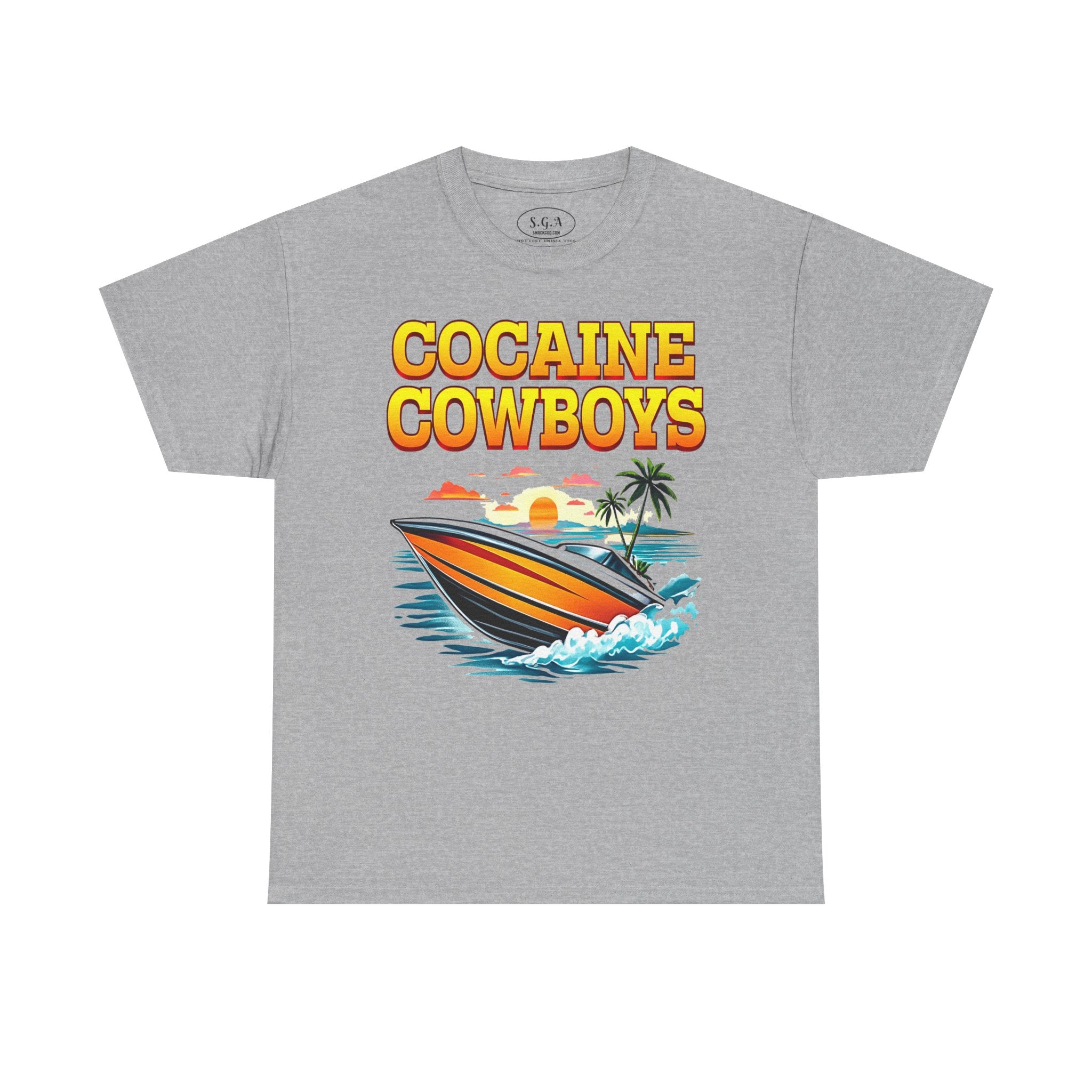 Cocaine Cowboys Boat Graphic T-Shirt – Miami Vice Style Speedboat Tee | Retro Ocean Streetwear Shirt | Smack God Apparel