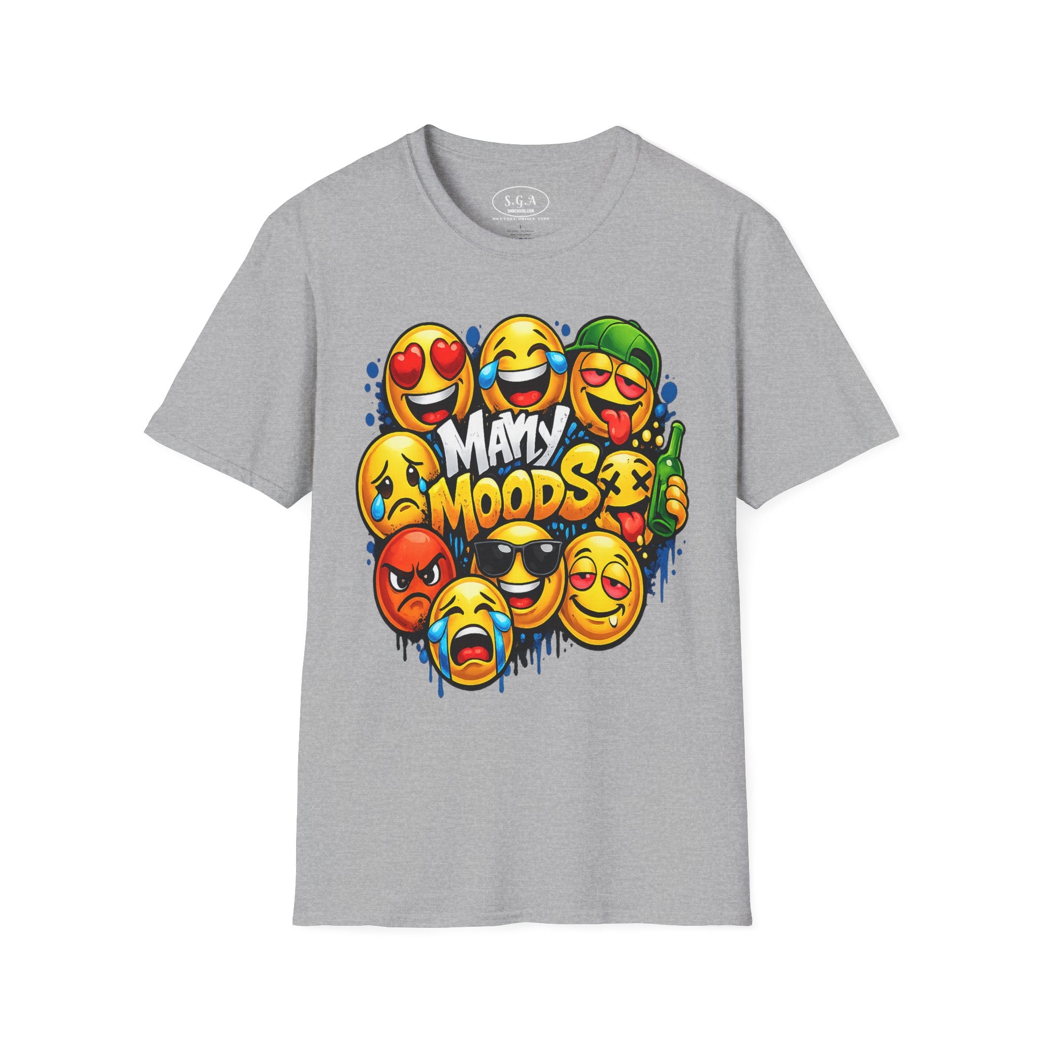 Many Moods Emoji Graphic T-Shirt – Funny Mood Faces Streetwear Tee | Viral Meme Expression Shirt | Smack God Apparel