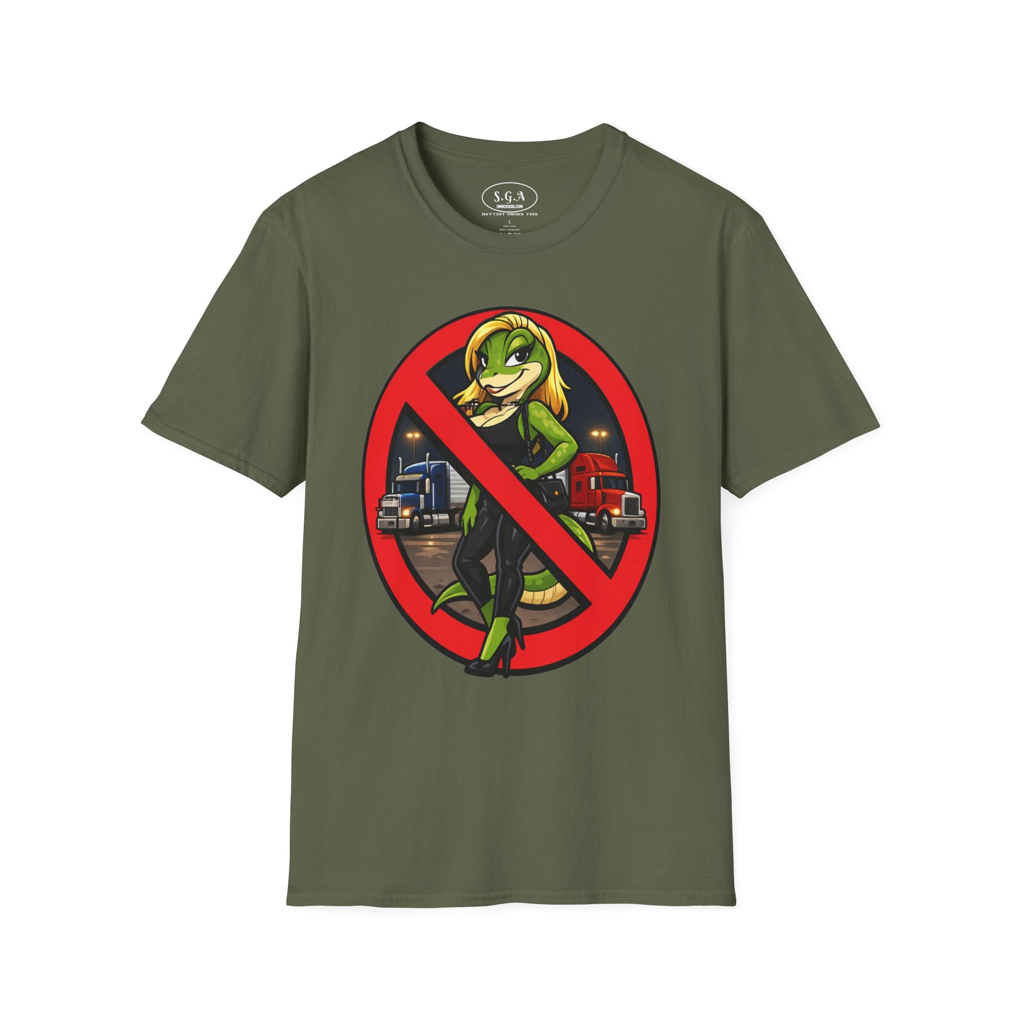 Smack God Apparel “No Entry Lot Lizard ” Graphic T-Shirt – Funny Trucker Humor Tee | Bold Cartoon Streetwear Shirt | Viral Graphic Tee