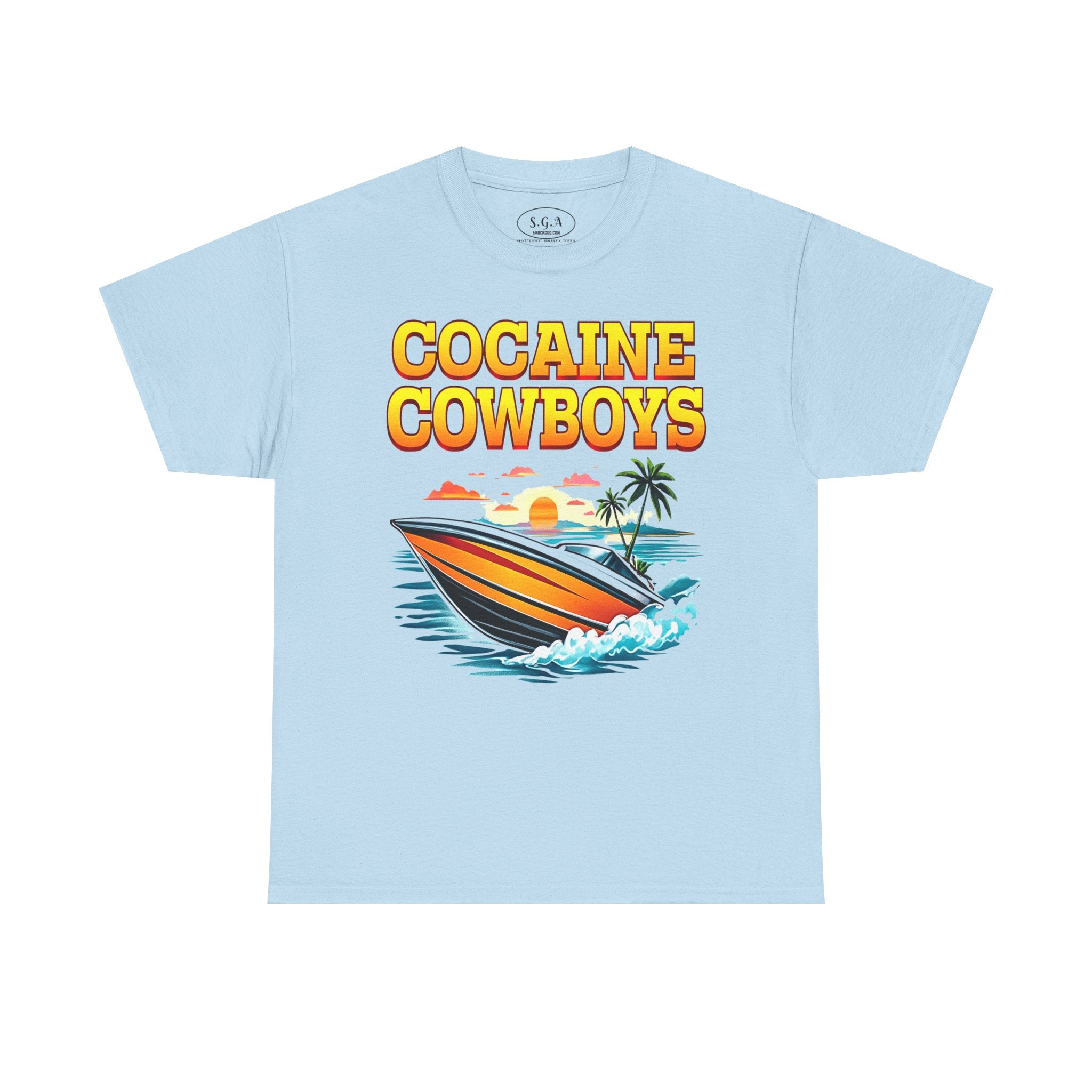 Cocaine Cowboys Boat Graphic T-Shirt – Miami Vice Style Speedboat Tee | Retro Ocean Streetwear Shirt | Smack God Apparel