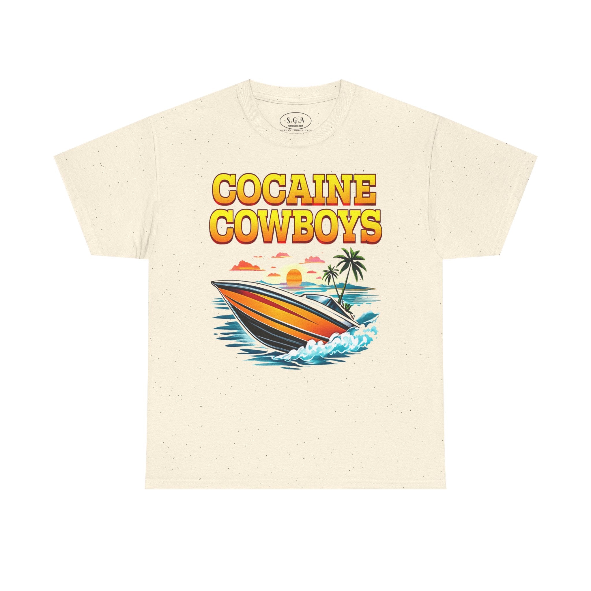 Cocaine Cowboys Boat Graphic T-Shirt – Miami Vice Style Speedboat Tee | Retro Ocean Streetwear Shirt | Smack God Apparel