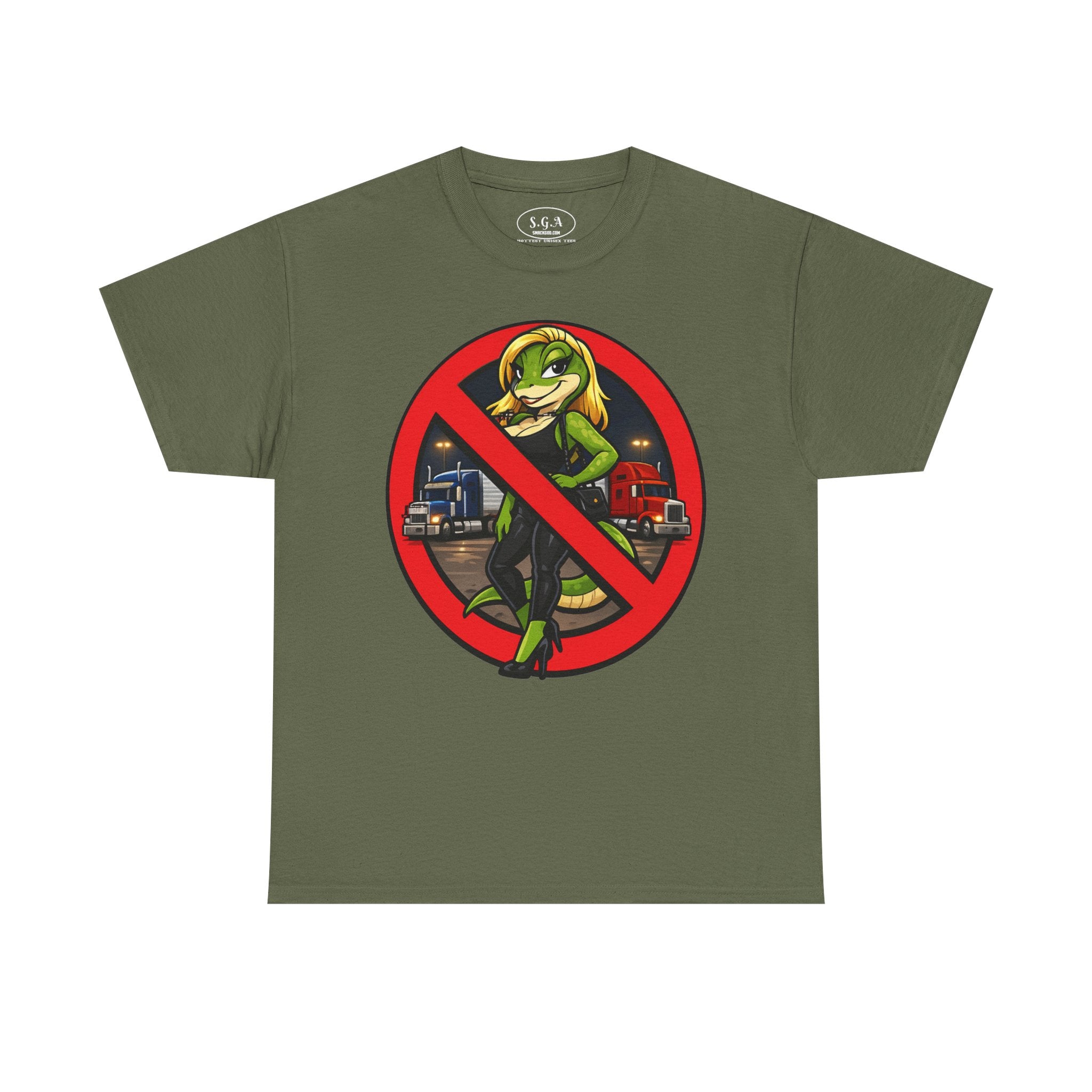 Smack God Apparel “No Entry Lot Lizard ” Graphic T-Shirt – Funny Trucker Humor Tee | Bold Cartoon Streetwear Shirt | Viral Graphic Tee