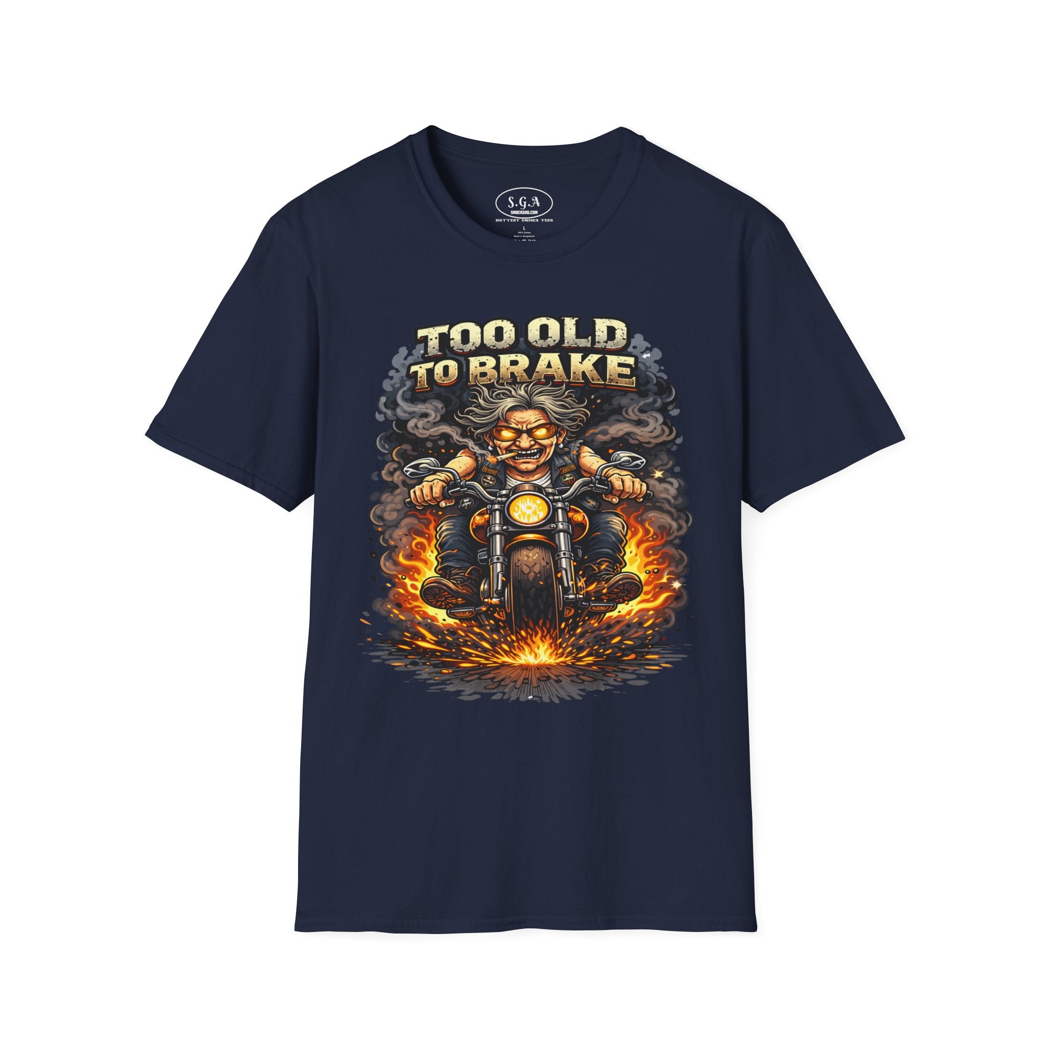 Too Old To Brake Biker T-Shirt – Smack God Apparel | Funny Motorcycle Graphic Tee | Vintage Biker Humor Shirt | Badass Rider T-Shirt