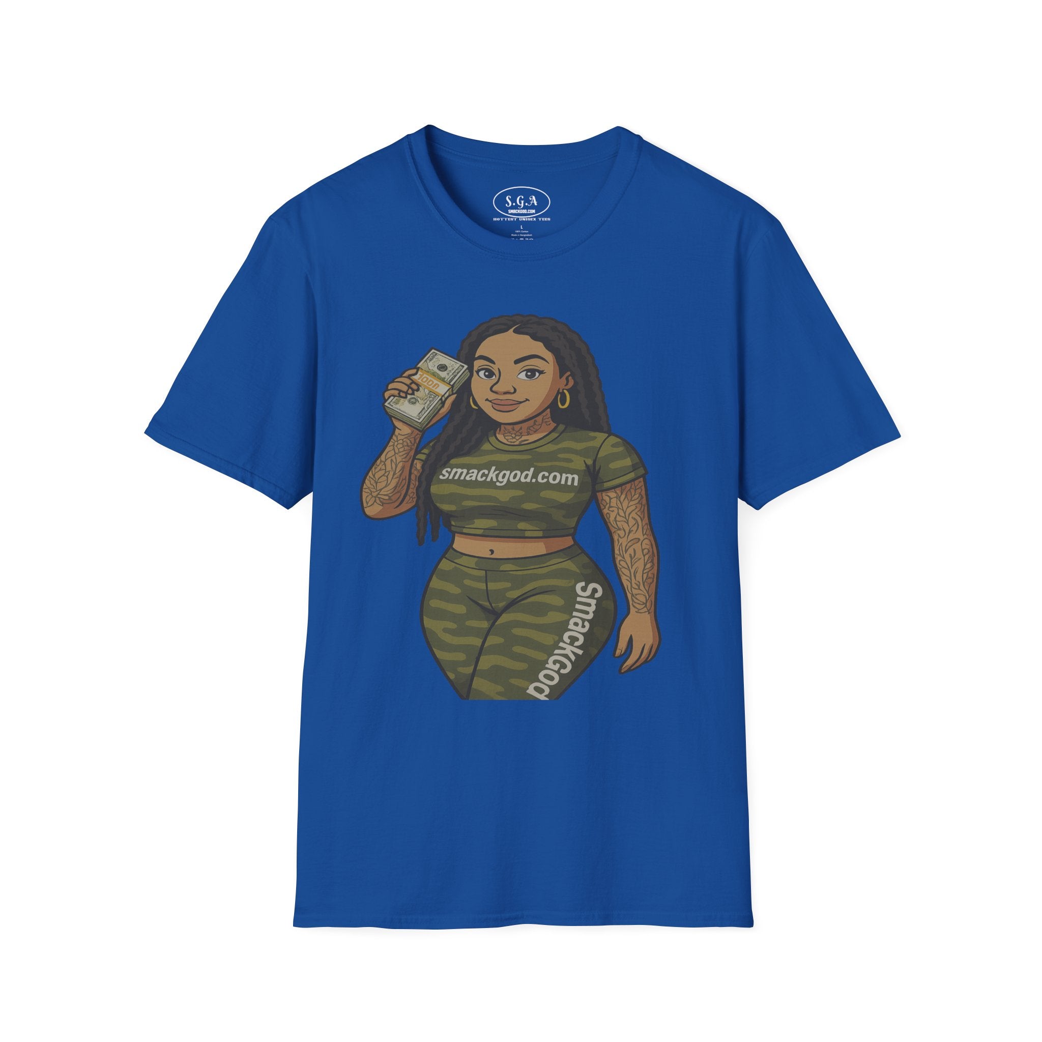 Camo Cartoon Girl Graphic T-Shirt – Urban Streetwear Tee | Money Hustle Aesthetic Shirt | Smack God Apparel